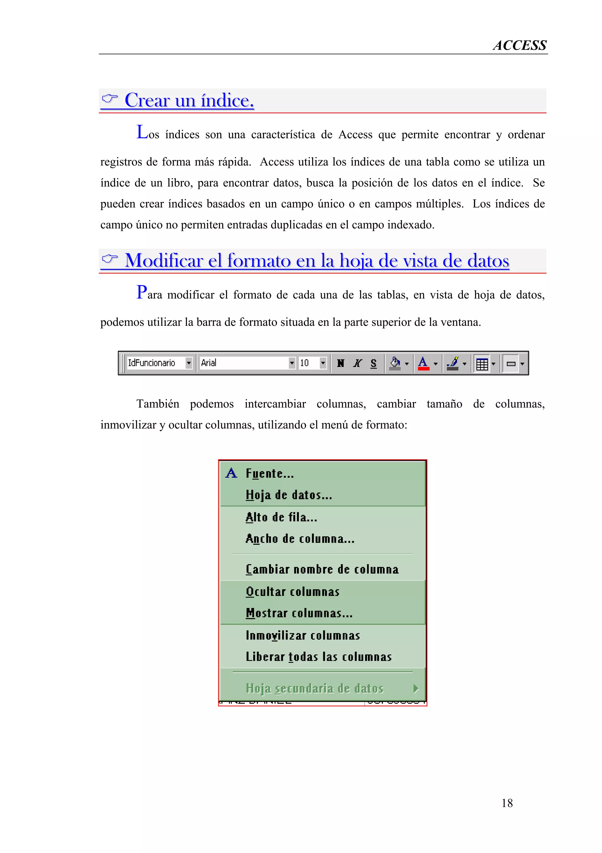ACCESS


     Crear un índice.
       Los índices son una característica de Access que permite encontrar y ordenar
registros de forma más rápida. Access utiliza los índices de una tabla como se utiliza un
índice de un libro, para encontrar datos, busca la posición de los datos en el índice. Se
pueden crear índices basados en un campo único o en campos múltiples. Los índices de
campo único no permiten entradas duplicadas en el campo indexado.


     Modificar el formato en la hoja de vista de datos
       Para modificar el formato de cada una de las tablas, en vista de hoja de datos,
podemos utilizar la barra de formato situada en la parte superior de la ventana.




       También podemos intercambiar columnas, cambiar tamaño de columnas,
inmovilizar y ocultar columnas, utilizando el menú de formato:




                                                                                   18
 