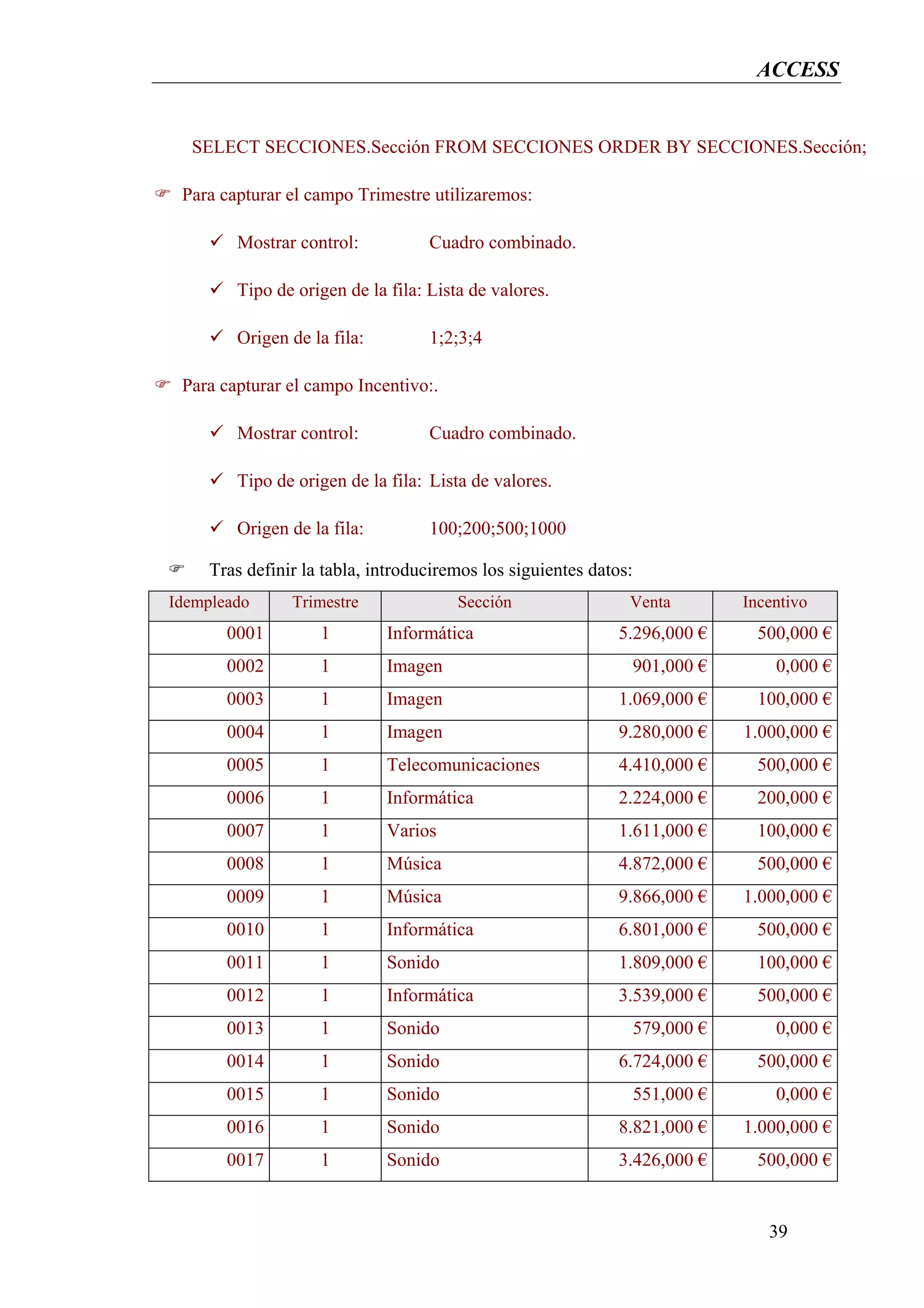 ACCESS


  SELECT SECCIONES.Sección FROM SECCIONES ORDER BY SECCIONES.Sección;

 Para capturar el campo Trimestre utilizaremos:

        Mostrar control:           Cuadro combinado.

        Tipo de origen de la fila: Lista de valores.

        Origen de la fila:         1;2;3;4

 Para capturar el campo Incentivo:.

        Mostrar control:           Cuadro combinado.

        Tipo de origen de la fila: Lista de valores.

        Origen de la fila:         100;200;500;1000

     Tras definir la tabla, introduciremos los siguientes datos:
Idempleado      Trimestre              Sección                 Venta           Incentivo
       0001         1        Informática                      5.296,000 €        500,000 €
       0002         1        Imagen                                901,000 €       0,000 €
       0003         1        Imagen                           1.069,000 €        100,000 €
       0004         1        Imagen                           9.280,000 €      1.000,000 €
       0005         1        Telecomunicaciones               4.410,000 €        500,000 €
       0006         1        Informática                      2.224,000 €        200,000 €
       0007         1        Varios                           1.611,000 €        100,000 €
       0008         1        Música                           4.872,000 €        500,000 €
       0009         1        Música                           9.866,000 €      1.000,000 €
       0010         1        Informática                      6.801,000 €        500,000 €
       0011         1        Sonido                           1.809,000 €        100,000 €
       0012         1        Informática                      3.539,000 €        500,000 €
       0013         1        Sonido                                579,000 €       0,000 €
       0014         1        Sonido                           6.724,000 €        500,000 €
       0015         1        Sonido                                551,000 €       0,000 €
       0016         1        Sonido                           8.821,000 €      1.000,000 €
       0017         1        Sonido                           3.426,000 €        500,000 €


                                                                                  39
 