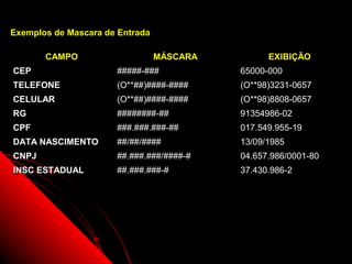 Exemplos de Mascara de Entrada

       CAMPO                     MÁSCARA           EXIBIÇÃO
CEP                   #####-###            65000-000
TELEFONE              (O**##)####-####     (O**98)3231-0657
CELULAR               (O**##)####-####     (O**98)8808-0657
RG                    ########-##          91354986-02
CPF                   ###.###.###-##       017.549.955-19
DATA NASCIMENTO       ##/##/####           13/09/1985
CNPJ                  ##.###.###/####-#    04.657.986/0001-80
INSC ESTADUAL         ##.###.###-#         37.430.986-2




                                              13
 