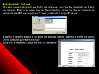 AutoRelatório: Colunar
Cria um relatório dispondo os dados da tabela ou da consulta escolhida em forma
de colunas. Para criar esse tipo de AutoRelatório, clique no objeto Relatório da
janela do seu BD, em seguida em Novo , parecerá a seguinte janela:




Escolha o terceira opção e na caixa de seleção abaixo escolha o nome da tabela
ou da consulta que deseja utilizar
para criar o relatório. Clique em OK. O resultado:




                                                            27
 