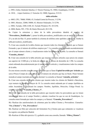 Tecnología de la Información. 1º Bachillerato.

c.- 0901, Esther, Redondo Sánchez, C/ Doctor Fleming 10, 19002, Guadalajara, 212100.
d.- 2010, , López Gutiérrez, C/ Estrecha 10, 19000, Siguenza, 313131.
                                                   tabla artículos
a.- 0003, CPU, 70000, 95000, 43, Unidad Central de Proceso, 1/12/96.
b.- 0001, Monitor, 32000, 50000, 43, Monitor Ordenador, 31/12/96.
c.- 0002, Teclado, 3200, 6100, 43, Teclado Windows 95, 10/12/96.
d.- 0004, Ratón, 995, 1720, 40, Ratón Microsoft, 28/11/96.
6.- Copiar la estructura y datos de la tabla proveedores dándole el nombre de
"Proveedores_Modificados" y poner la tabla proveedores_modificados con un ancho de columnas
25 y un alto de filas 15, poner también la columna de teléfono entre apellidos y dirección. Grabar la
tabla proveedores_modificados.
7.- Crear una consulta de la tabla clientes que muestre todos los clientes de Madrid, que se llamen
Fernando y que el número de teléfono empiece por 7. La consulta estará ordenada ascendentemente
por el campo número cliente y visualizaremos todos los campos de la tabla. La consulta se llamará
"Consulta_clientes".
8.- Crear una consulta de la tabla artículos que muestre todos los artículos cuyo precio de compra
sea superior de 15.000 pts y la fecha de entrada sea en el mes de diciembre de 1.996. La consulta
estará ordenada descendentemente por el campo número artículo y visualizaremos todos los campos
de la tabla.
En esta misma consulta crear un campo calculado que se llame Capital Invertido por Artículo que
será el Precio Compra de cada artículo por el número de artículos que hay en Stock. Poner formato
moneda al campo insertado pero con un decimal. La consulta se llamará "consulta_artículos".
9.- Crear una consulta de la tabla clientes que muestre todos los clientes de Madrid o Barcelona,
cuyo numero de cliente sea mayor de 10. La consulta estará ordenada por el campo Apellidos en
orden Ascendente y visualizará los campos: Nombre, Apellidos, Dirección, Código Postal. La
consulta se llamará “Consulta_Clientes_1”.
10.- Crear una consulta de la tabla proveedores que muestre todos los proveedores que no tienen
introducidos datos en el campo Nombre y además visualizar los que no son de Guadalajara. La
consulta estará formada por todos los campos y se llamará: “Consulta_Proveedores”.
11.- Realizar dos autoformulario de columnas para las tablas Clientes y Proveedores. Llamarles:
“For_Clientes” y “For_Proveedores”.
12.- Realizar un filtro por selección del formulario For_Clientes para que solamente se visualicen
los registro con población Madrid.
13.- Realizar el filtro del ejercicio 12 y grabarlo como una consulta, llamada: “Filtro_Clientes”.



                                             Página: 25-28
 