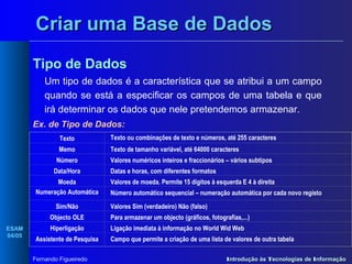 Criar uma Base de Dados
Tipo de Dados
Um tipo de dados é a característica que se atribui a um campo
quando se está a especificar os campos de uma tabela e que
irá determinar os dados que nele pretendemos armazenar.
Ex. de Tipo de Dados:
Texto

Texto ou combinações de texto e números, até 255 caracteres

Memo

Texto de tamanho variável, até 64000 caracteres

Número
Data/Hora
Moeda
Numeração Automática
Sim/Não

Valores numéricos inteiros e fraccionários – vários subtipos
Datas e horas, com diferentes formatos
Valores de moeda. Permite 15 dígitos à esquerda E 4 à direita
Número automático sequencial – numeração automática por cada novo registo
Valores Sim (verdadeiro) Não (falso)

Objecto OLE
ESAM
04/05

Para armazenar um objecto (gráficos, fotografias,...)

Hiperligação

Ligação imediata à informação no World Wid Web

Assistente de Pesquisa
Fernando Figueiredo

Campo que permite a criação de uma lista de valores de outra tabela
Introdução às Tecnologias de Informação

 