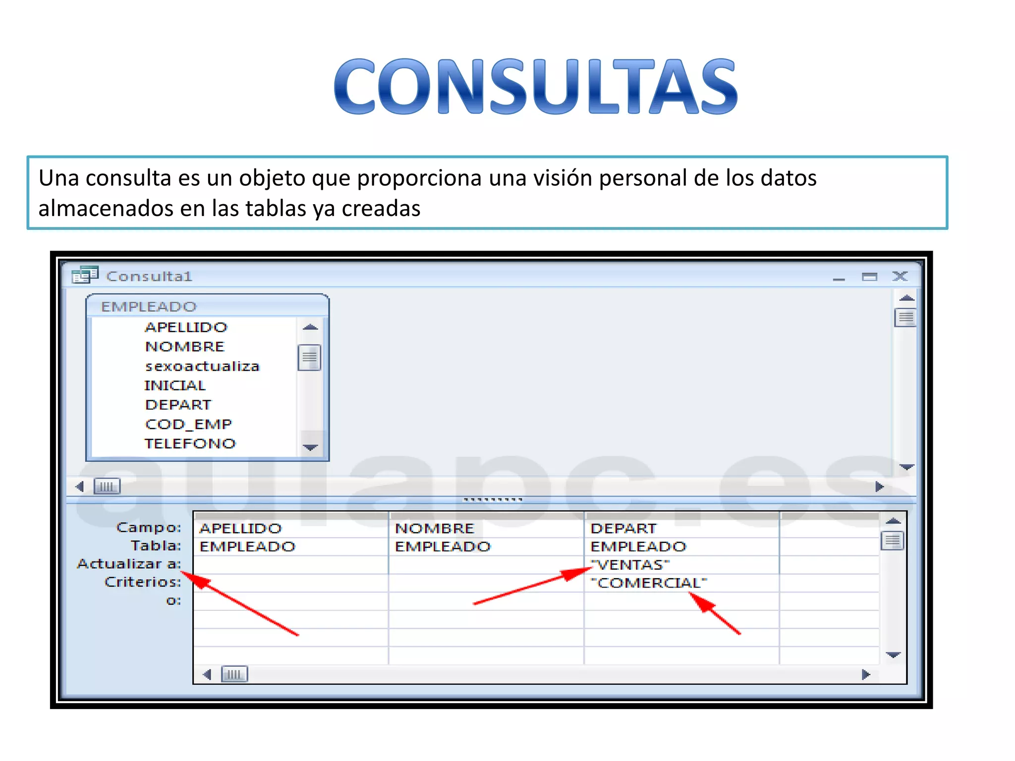 Una consulta es un objeto que proporciona una visión personal de los datos
almacenados en las tablas ya creadas

 