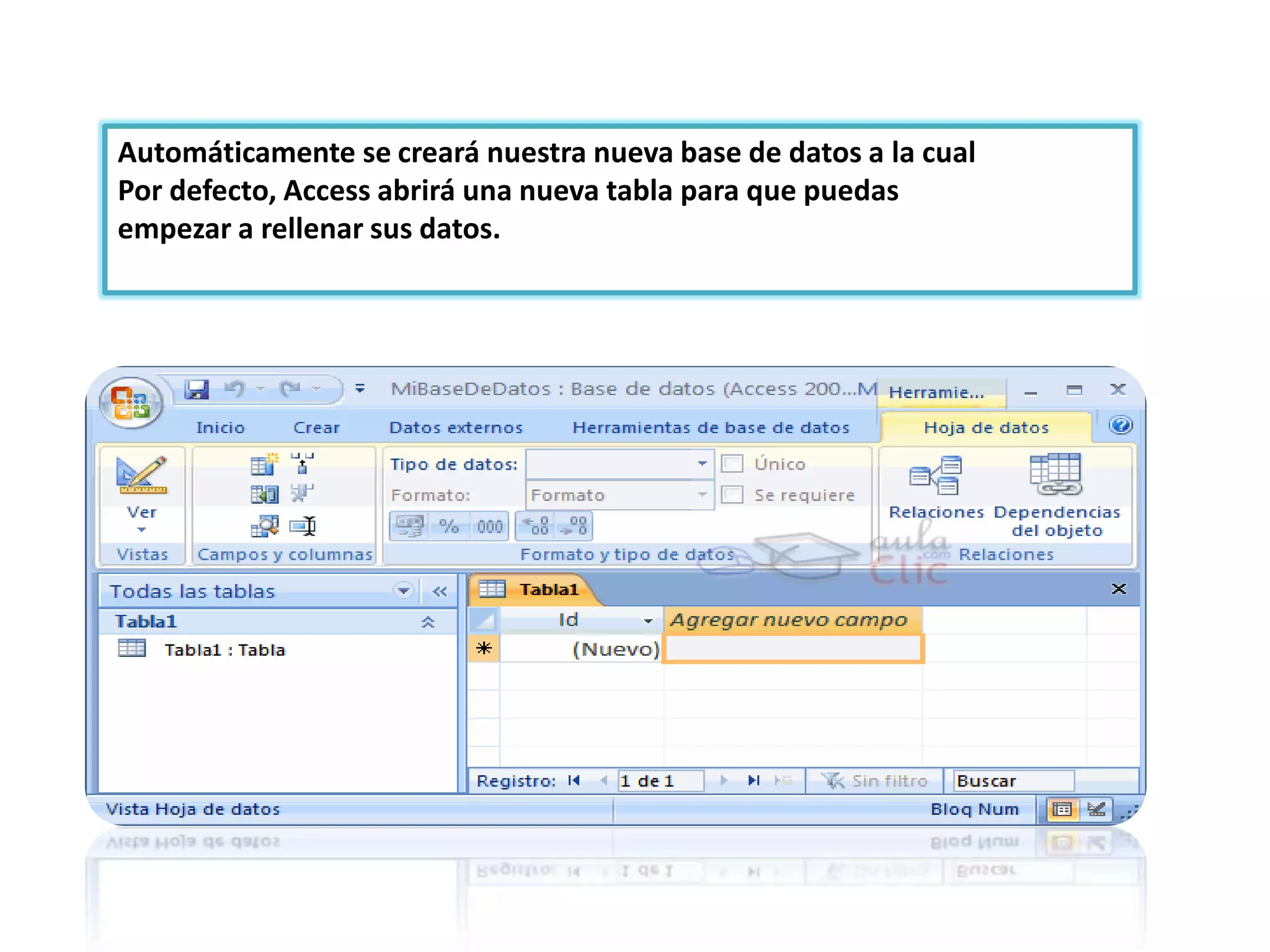 Automáticamente se creará nuestra nueva base de datos a la cual
Por defecto, Access abrirá una nueva tabla para que puedas
empezar a rellenar sus datos.

 