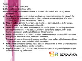 Pasos:
1. Clic en la ficha o cinta Crear.
2. Clic en el ícono Diseño de tabla.
Automáticamente se abre la ventana de la tabla en vista diseño, con los siguientes
elementos:
a. Nombre del campo: es el nombre que llevará la columna (cabecera del campo). Se
recomienda que no tenga espacios en blanco ni caracteres especiales, sólo letras,
números y el underline. Debe ser nemotécnico.
b. Tipo de datos: permite definir como es el dato que se introducirá en dicho campo.
Como se observa en la lista desplegable están:
• Texto: se utiliza para datos alfanuméricos y números que no se utilicen para realizar
cálculos matemáticos, como: cédulas, números de teléfono, códigos, entre otros.
Permite valores con una longitud hasta de 225 caracteres.
• Memo: permite almacenar datos cuyo texto sea muy extenso, hasta 63.999 caracteres.
Por ejemplo: historias clínicas, laborales, entre otros.
• Número: almacena datos numéricos que se utilicen para realizar cálculos matemáticos,
como: números de horas, salarios, edad, entre otros.
• Fecha/Hora: almacena fechas y horas para los años del 100 al 9999. Ejemplo: fecha de
factura, de ingreso, hora de salida, entre otros.
• Moneda: se comporta igual que los de tipo número, pero le asigna el signo pesos que
contengan entre 1 y 4 decimales.

 