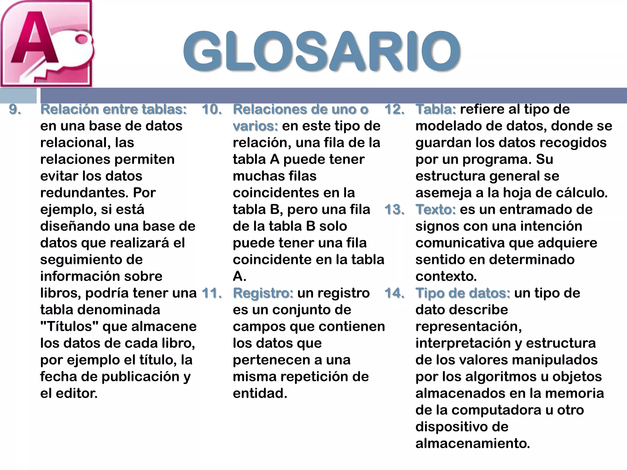 GLOSARIO
9. Relación entre tablas:
en una base de datos
relacional, las
relaciones permiten
evitar los datos
redundantes. Por
ejemplo, si está
diseñando una base de
datos que realizará el
seguimiento de
información sobre
libros, podría tener una
tabla denominada
"Títulos" que almacene
los datos de cada libro,
por ejemplo el título, la
fecha de publicación y
el editor.
10. Relaciones de uno o
varios: en este tipo de
relación, una fila de la
tabla A puede tener
muchas filas
coincidentes en la
tabla B, pero una fila
de la tabla B solo
puede tener una fila
coincidente en la tabla
A.
11. Registro: un registro
es un conjunto de
campos que contienen
los datos que
pertenecen a una
misma repetición de
entidad.
12. Tabla: refiere al tipo de
modelado de datos, donde se
guardan los datos recogidos
por un programa. Su
estructura general se
asemeja a la hoja de cálculo.
13. Texto: es un entramado de
signos con una intención
comunicativa que adquiere
sentido en determinado
contexto.
14. Tipo de datos: un tipo de
dato describe
representación,
interpretación y estructura
de los valores manipulados
por los algoritmos u objetos
almacenados en la memoria
de la computadora u otro
dispositivo de
almacenamiento.
 