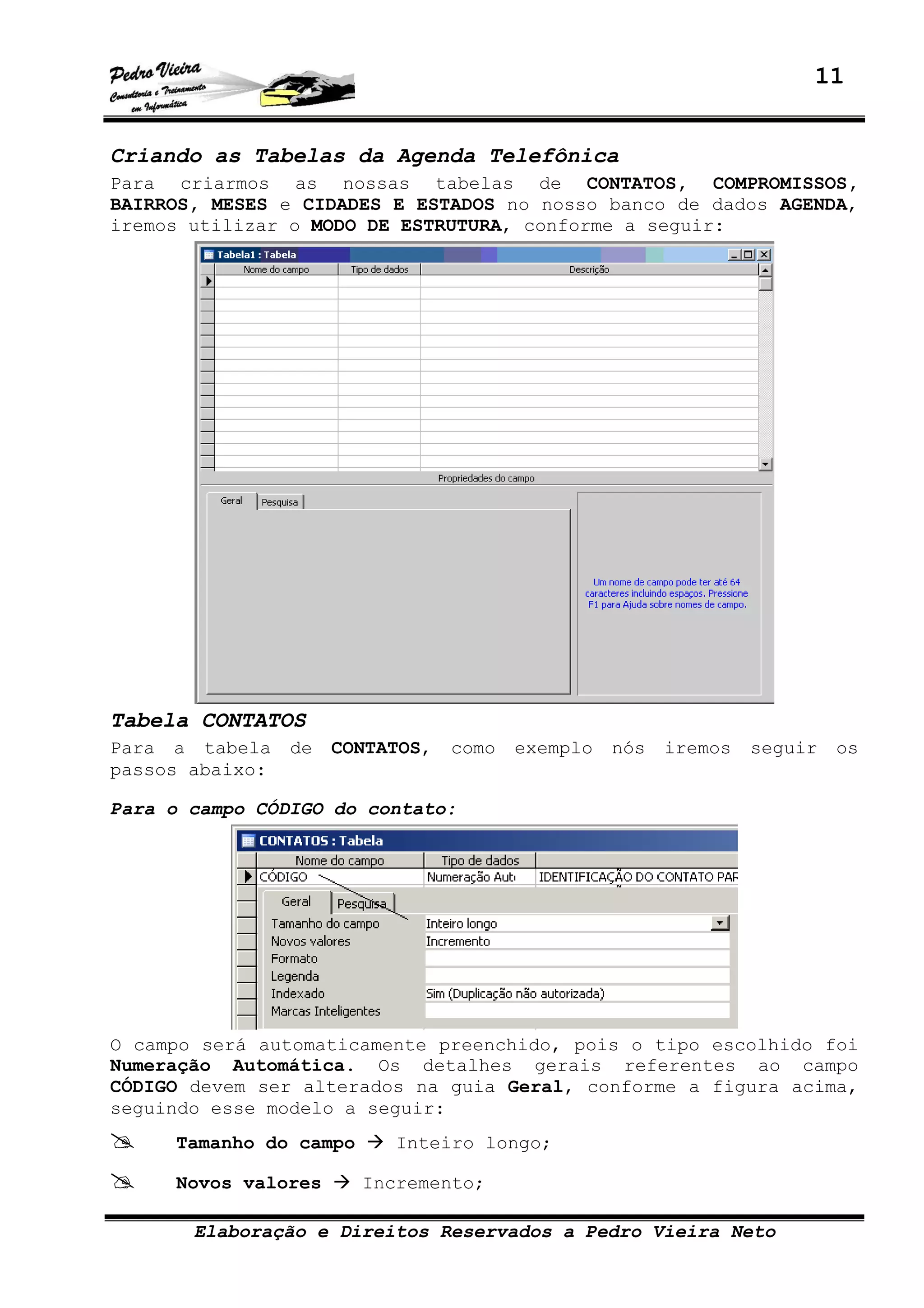 11
Elaboração e Direitos Reservados a Pedro Vieira Neto
Criando as Tabelas da Agenda Telefônica
Para criarmos as nossas tabelas de CONTATOS, COMPROMISSOS,
BAIRROS, MESES e CIDADES E ESTADOS no nosso banco de dados AGENDA,
iremos utilizar o MODO DE ESTRUTURA, conforme a seguir:
Tabela CONTATOS
Para a tabela de CONTATOS, como exemplo nós iremos seguir os
passos abaixo:
Para o campo CÓDIGO do contato:
O campo será automaticamente preenchido, pois o tipo escolhido foi
Numeração Automática. Os detalhes gerais referentes ao campo
CÓDIGO devem ser alterados na guia Geral, conforme a figura acima,
seguindo esse modelo a seguir:
Tamanho do campo Inteiro longo;
Novos valores Incremento;
 