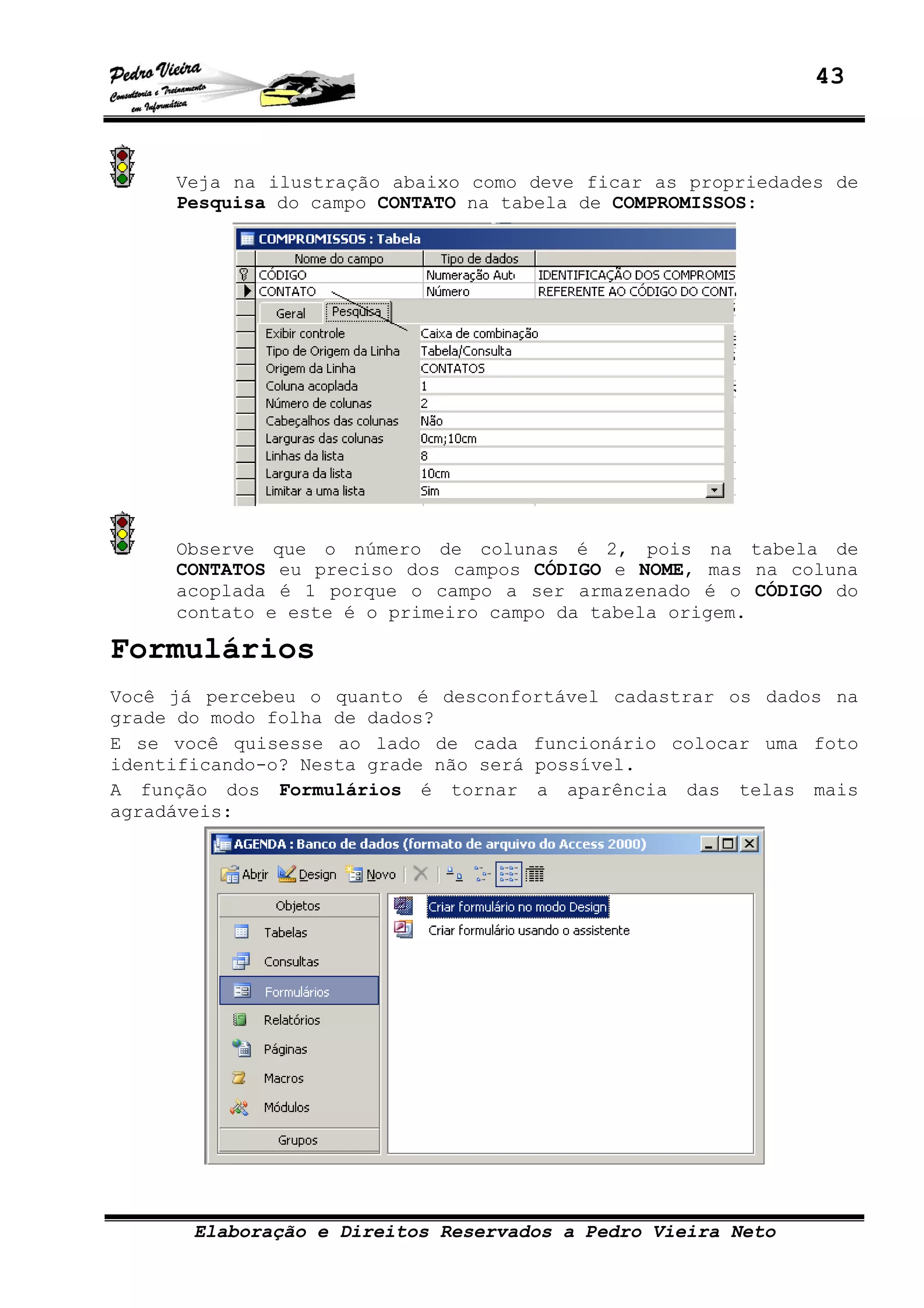 43
Elaboração e Direitos Reservados a Pedro Vieira Neto
Veja na ilustração abaixo como deve ficar as propriedades de
Pesquisa do campo CONTATO na tabela de COMPROMISSOS:
Observe que o número de colunas é 2, pois na tabela de
CONTATOS eu preciso dos campos CÓDIGO e NOME, mas na coluna
acoplada é 1 porque o campo a ser armazenado é o CÓDIGO do
contato e este é o primeiro campo da tabela origem.
Formulários
Você já percebeu o quanto é desconfortável cadastrar os dados na
grade do modo folha de dados?
E se você quisesse ao lado de cada funcionário colocar uma foto
identificando-o? Nesta grade não será possível.
A função dos Formulários é tornar a aparência das telas mais
agradáveis:
 