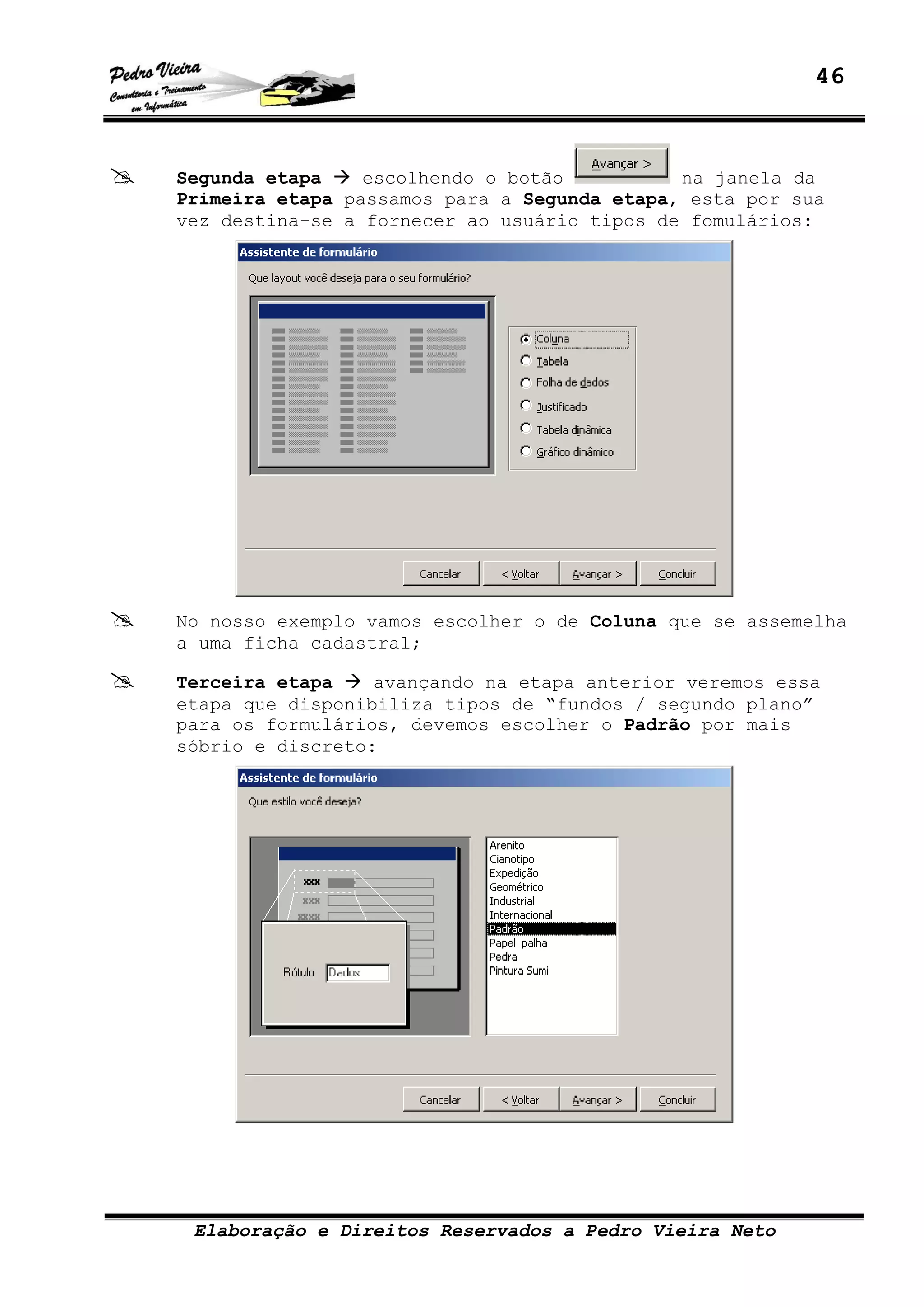 46
Elaboração e Direitos Reservados a Pedro Vieira Neto
Segunda etapa escolhendo o botão na janela da
Primeira etapa passamos para a Segunda etapa, esta por sua
vez destina-se a fornecer ao usuário tipos de fomulários:
No nosso exemplo vamos escolher o de Coluna que se assemelha
a uma ficha cadastral;
Terceira etapa avançando na etapa anterior veremos essa
etapa que disponibiliza tipos de “fundos / segundo plano”
para os formulários, devemos escolher o Padrão por mais
sóbrio e discreto:
 