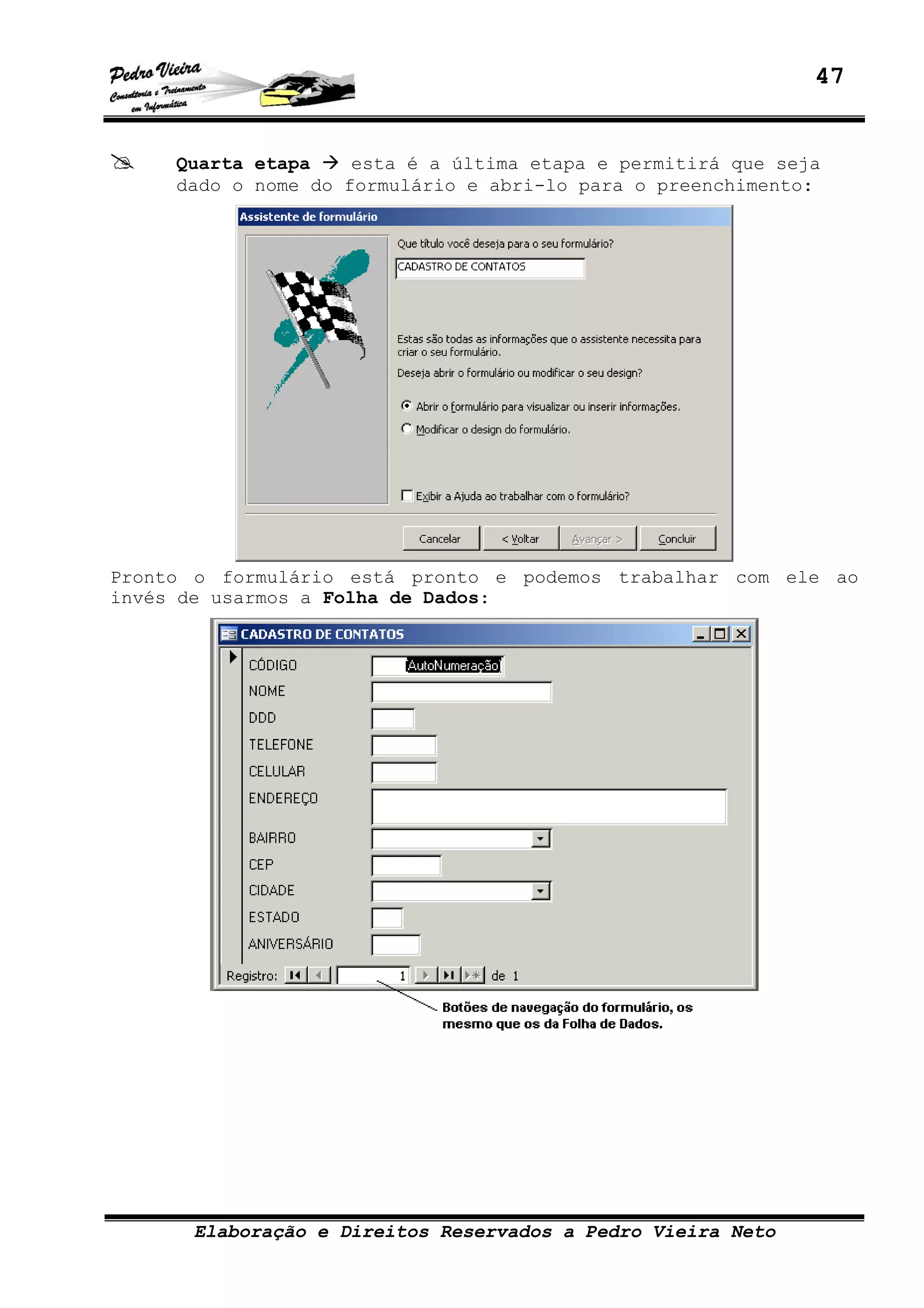 47
Elaboração e Direitos Reservados a Pedro Vieira Neto
Quarta etapa esta é a última etapa e permitirá que seja
dado o nome do formulário e abri-lo para o preenchimento:
Pronto o formulário está pronto e podemos trabalhar com ele ao
invés de usarmos a Folha de Dados:
 