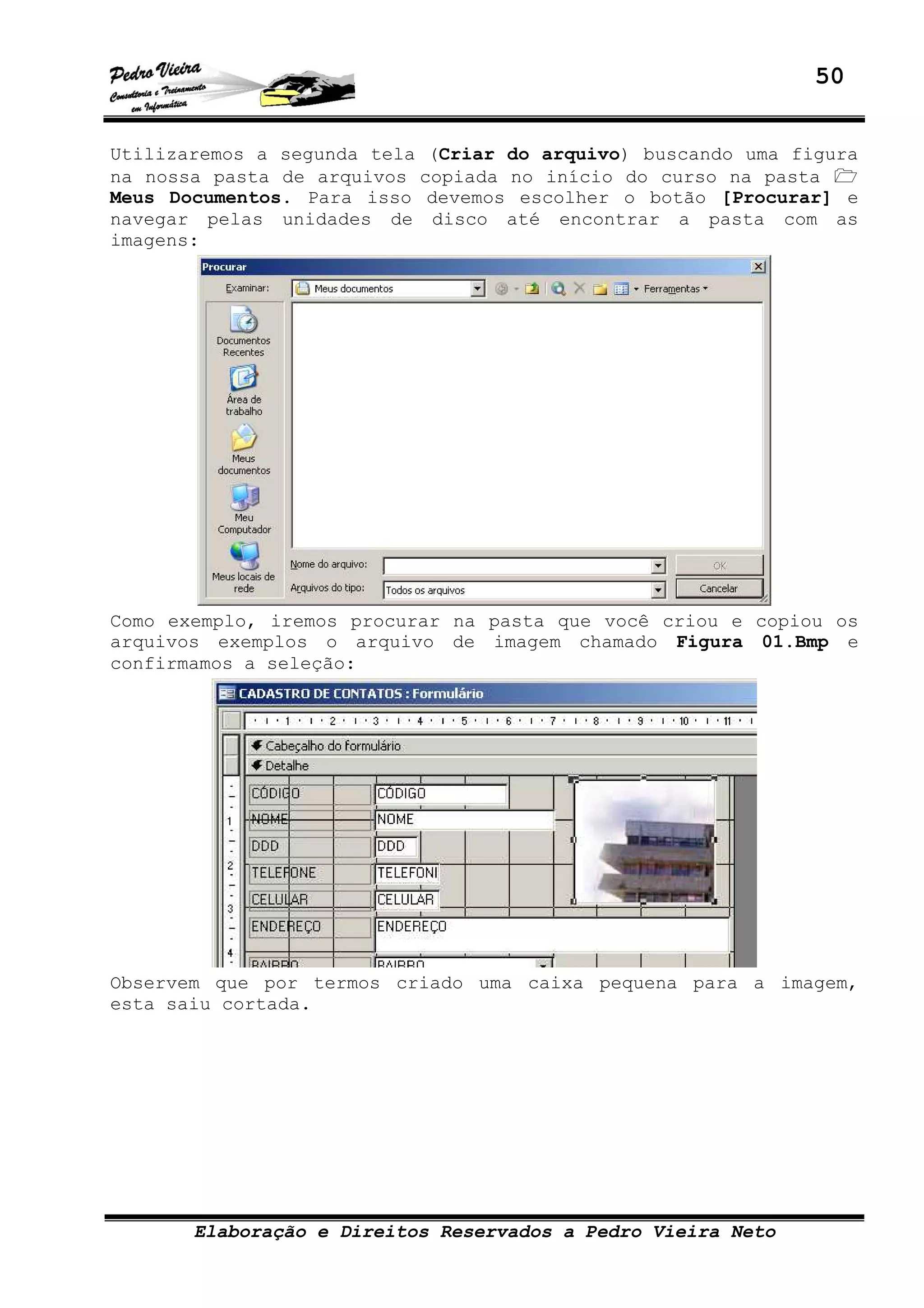 50
Elaboração e Direitos Reservados a Pedro Vieira Neto
Utilizaremos a segunda tela (Criar do arquivo) buscando uma figura
na nossa pasta de arquivos copiada no início do curso na pasta
Meus Documentos. Para isso devemos escolher o botão [Procurar] e
navegar pelas unidades de disco até encontrar a pasta com as
imagens:
Como exemplo, iremos procurar na pasta que você criou e copiou os
arquivos exemplos o arquivo de imagem chamado Figura 01.Bmp e
confirmamos a seleção:
Observem que por termos criado uma caixa pequena para a imagem,
esta saiu cortada.
 