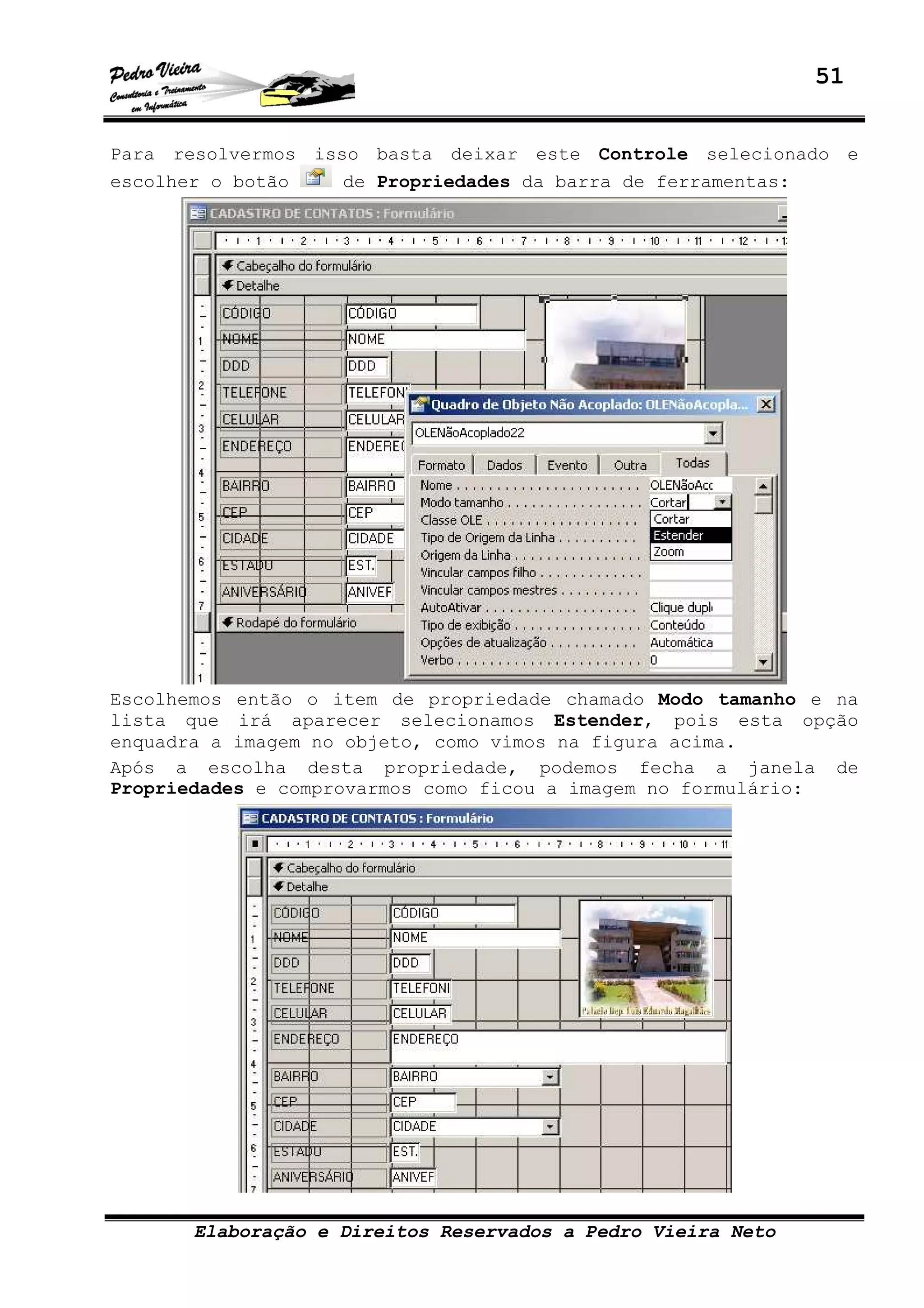 51
Elaboração e Direitos Reservados a Pedro Vieira Neto
Para resolvermos isso basta deixar este Controle selecionado e
escolher o botão de Propriedades da barra de ferramentas:
Escolhemos então o item de propriedade chamado Modo tamanho e na
lista que irá aparecer selecionamos Estender, pois esta opção
enquadra a imagem no objeto, como vimos na figura acima.
Após a escolha desta propriedade, podemos fecha a janela de
Propriedades e comprovarmos como ficou a imagem no formulário:
 
