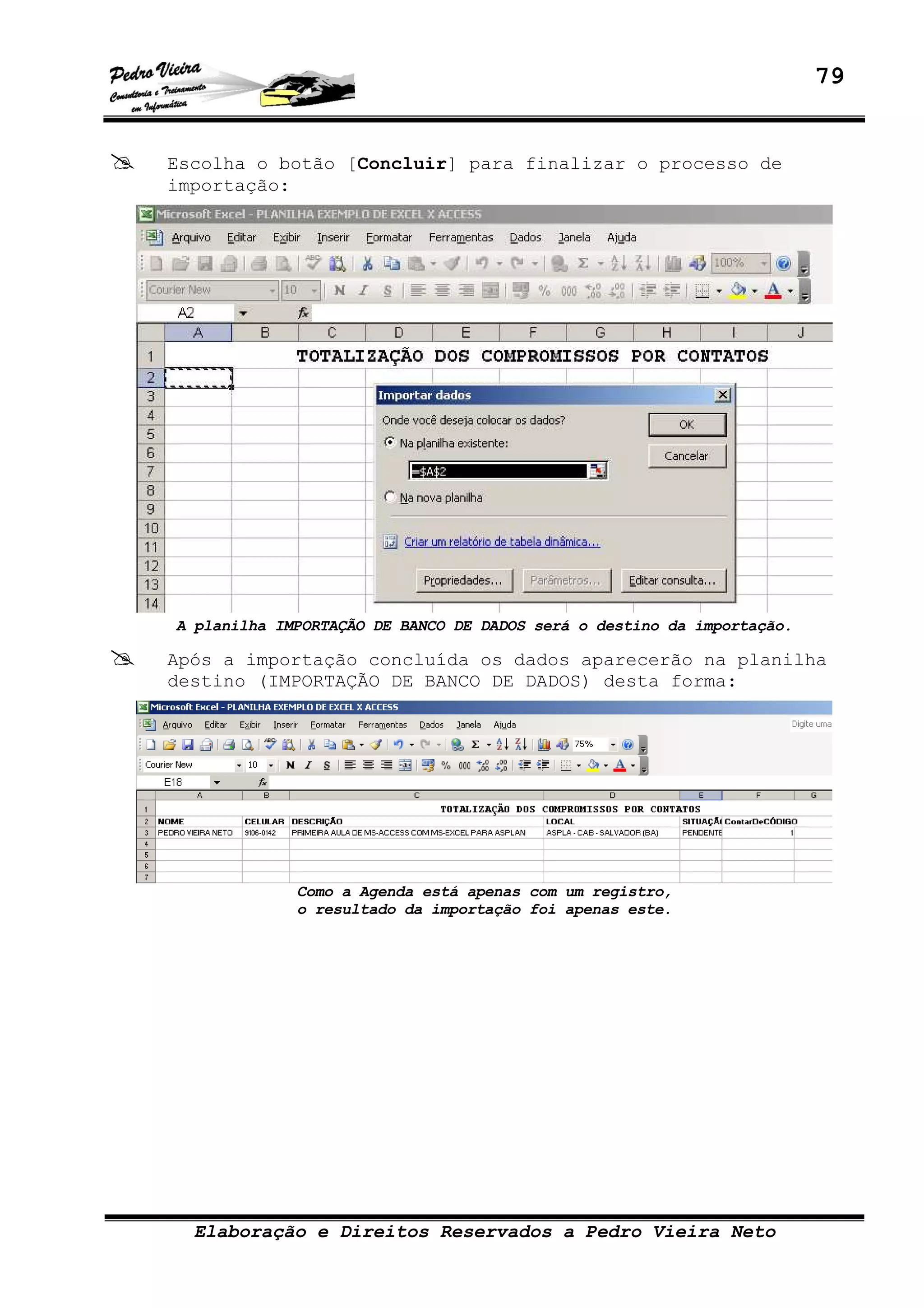 79
Elaboração e Direitos Reservados a Pedro Vieira Neto
Escolha o botão [Concluir] para finalizar o processo de
importação:
A planilha IMPORTAÇÃO DE BANCO DE DADOS será o destino da importação.
Após a importação concluída os dados aparecerão na planilha
destino (IMPORTAÇÃO DE BANCO DE DADOS) desta forma:
Como a Agenda está apenas com um registro,
o resultado da importação foi apenas este.
 