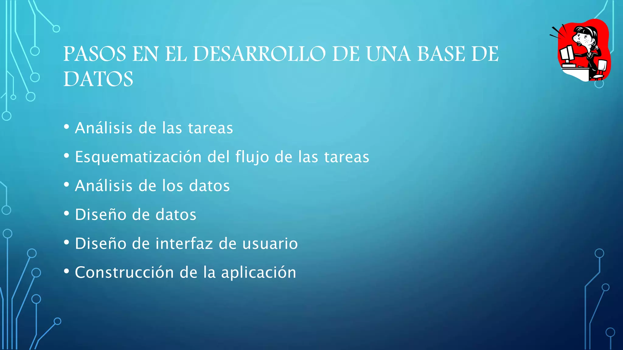 PASOS EN EL DESARROLLO DE UNA BASE DE 
DATOS 
• Análisis de las tareas 
• Esquematización del flujo de las tareas 
• Análisis de los datos 
• Diseño de datos 
• Diseño de interfaz de usuario 
• Construcción de la aplicación 
 