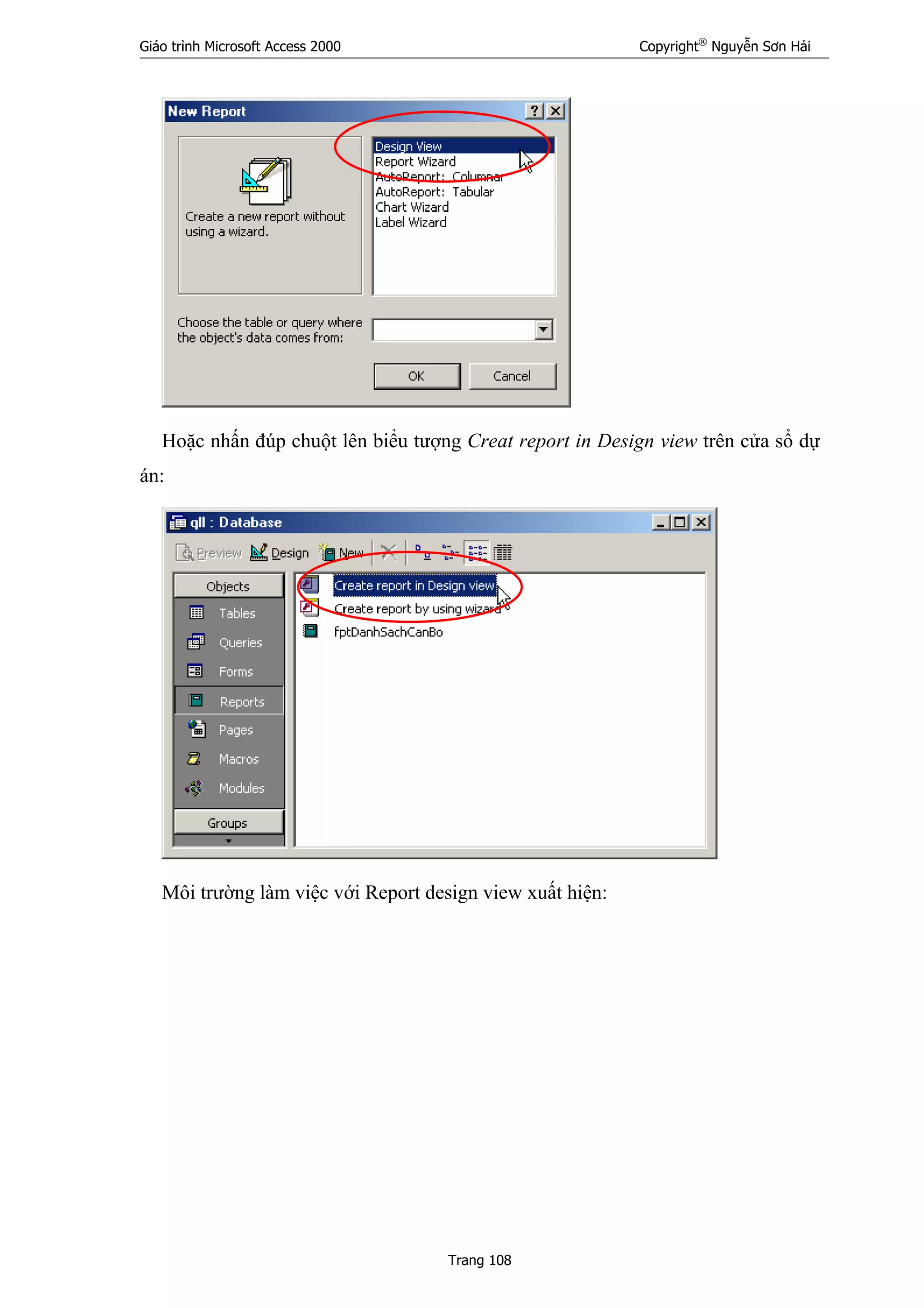 Giáo trình Microsoft Access 2000 Copyright®
Nguyễn Sơn Hải
Trang 108
Hoặc nhấn đúp chuột lên biểu tượng Creat report in Design view trên cửa sổ dự
án:
Môi trường làm việc với Report design view xuất hiện:
 