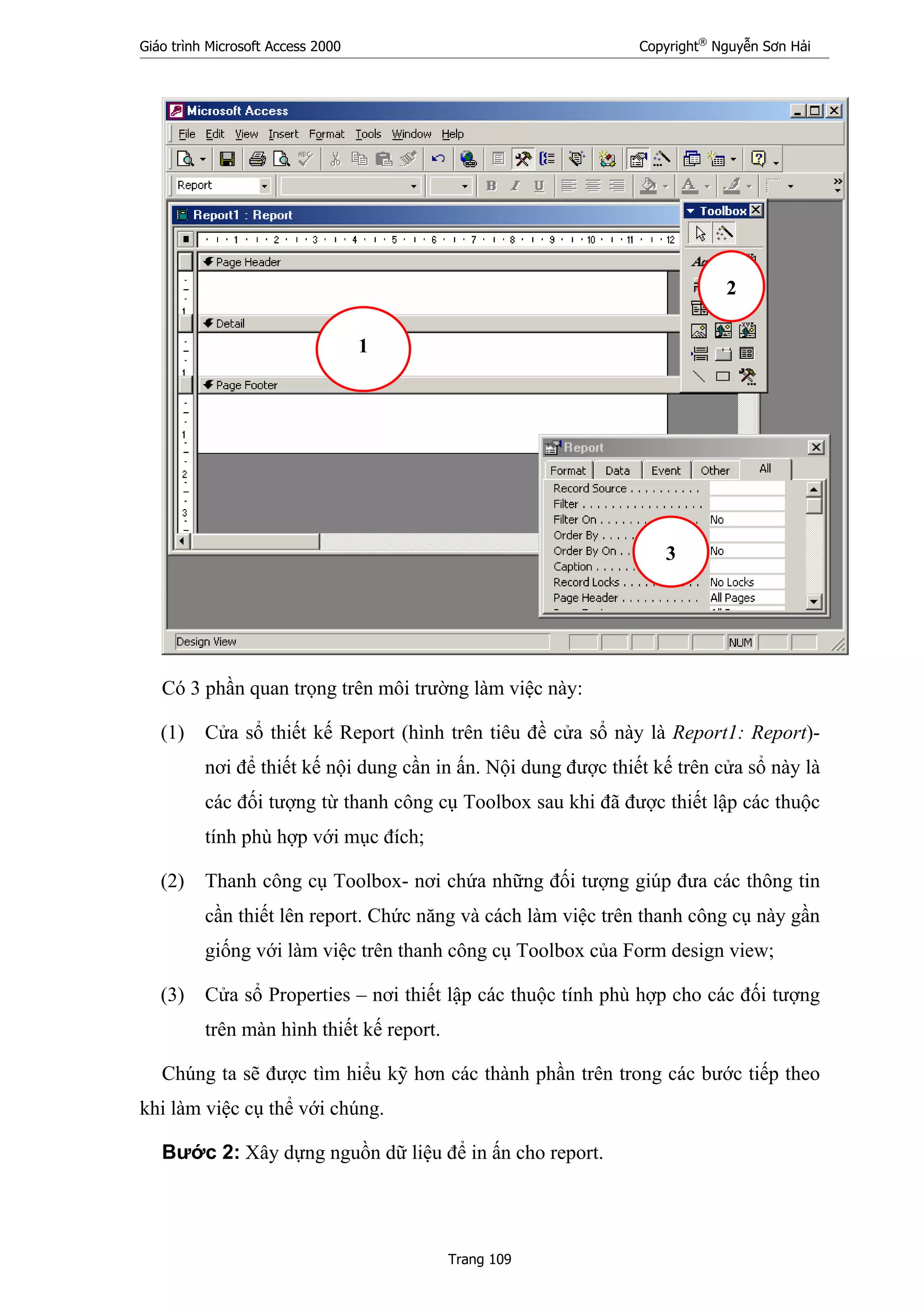 Giáo trình Microsoft Access 2000 Copyright®
Nguyễn Sơn Hải
Trang 109
Có 3 phần quan trọng trên môi trường làm việc này:
(1) Cửa sổ thiết kế Report (hình trên tiêu đề cửa sổ này là Report1: Report)-
nơi để thiết kế nội dung cần in ấn. Nội dung được thiết kế trên cửa sổ này là
các đối tượng từ thanh công cụ Toolbox sau khi đã được thiết lập các thuộc
tính phù hợp với mục đích;
(2) Thanh công cụ Toolbox- nơi chứa những đối tượng giúp đưa các thông tin
cần thiết lên report. Chức năng và cách làm việc trên thanh công cụ này gần
giống với làm việc trên thanh công cụ Toolbox của Form design view;
(3) Cửa sổ Properties – nơi thiết lập các thuộc tính phù hợp cho các đối tượng
trên màn hình thiết kế report.
Chúng ta sẽ được tìm hiểu kỹ hơn các thành phần trên trong các bước tiếp theo
khi làm việc cụ thể với chúng.
Bước 2: Xây dựng nguồn dữ liệu để in ấn cho report.
1
2
3
 