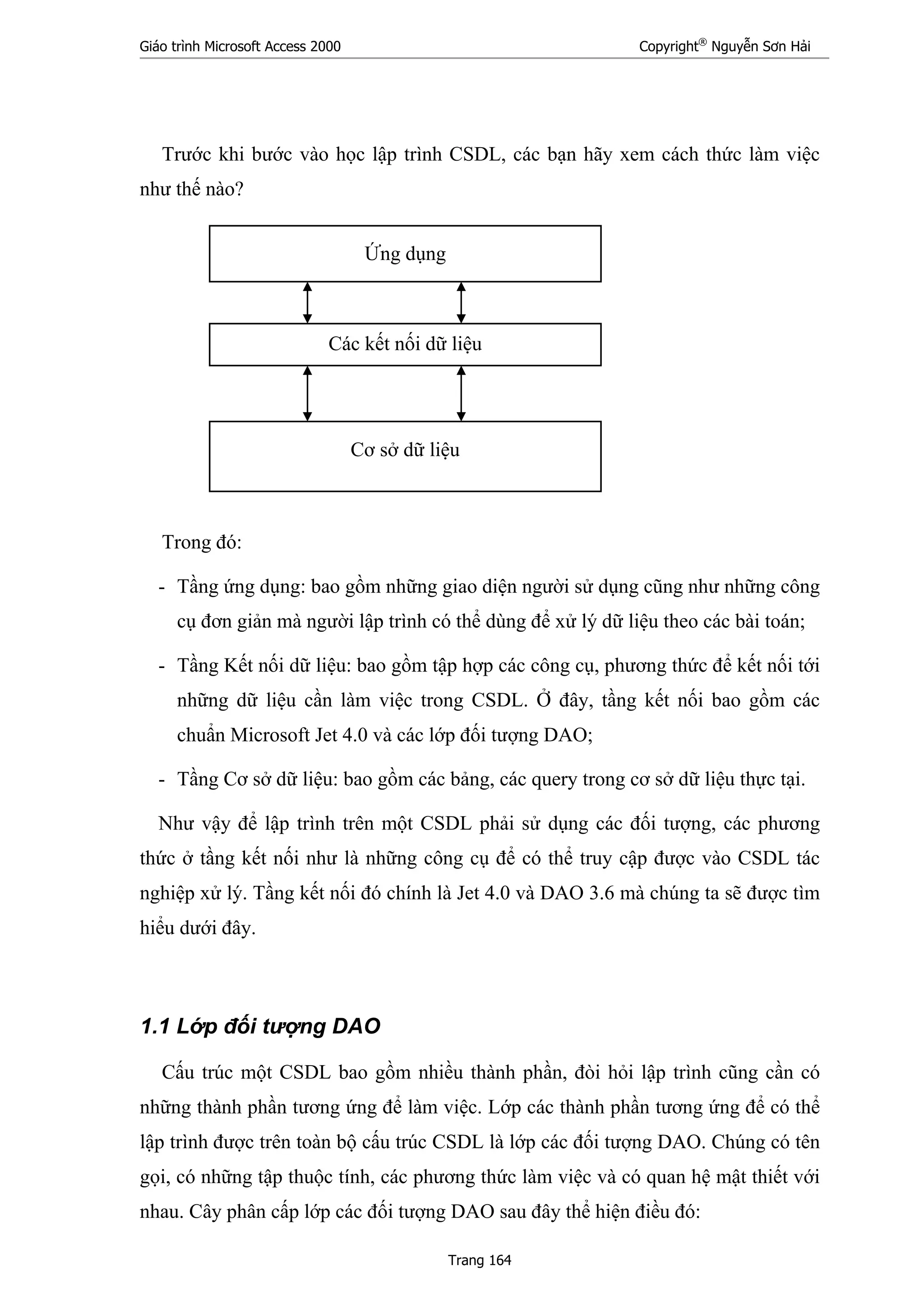 Giáo trình Microsoft Access 2000 Copyright®
Nguyễn Sơn Hải
Trang 164
Trước khi bước vào học lập trình CSDL, các bạn hãy xem cách thức làm việc
như thế nào?
Trong đó:
- Tầng ứng dụng: bao gồm những giao diện người sử dụng cũng như những công
cụ đơn giản mà người lập trình có thể dùng để xử lý dữ liệu theo các bài toán;
- Tầng Kết nối dữ liệu: bao gồm tập hợp các công cụ, phương thức để kết nối tới
những dữ liệu cần làm việc trong CSDL. Ở đây, tầng kết nối bao gồm các
chuẩn Microsoft Jet 4.0 và các lớp đối tượng DAO;
- Tầng Cơ sở dữ liệu: bao gồm các bảng, các query trong cơ sở dữ liệu thực tại.
Như vậy để lập trình trên một CSDL phải sử dụng các đối tượng, các phương
thức ở tầng kết nối như là những công cụ để có thể truy cập được vào CSDL tác
nghiệp xử lý. Tầng kết nối đó chính là Jet 4.0 và DAO 3.6 mà chúng ta sẽ được tìm
hiểu dưới đây.
1.1 Lớp đối tượng DAO
Cấu trúc một CSDL bao gồm nhiều thành phần, đòi hỏi lập trình cũng cần có
những thành phần tương ứng để làm việc. Lớp các thành phần tương ứng để có thể
lập trình được trên toàn bộ cấu trúc CSDL là lớp các đối tượng DAO. Chúng có tên
gọi, có những tập thuộc tính, các phương thức làm việc và có quan hệ mật thiết với
nhau. Cây phân cấp lớp các đối tượng DAO sau đây thể hiện điều đó:
Cơ sở dữ liệu
Các kết nối dữ liệu
Ứng dụng
 