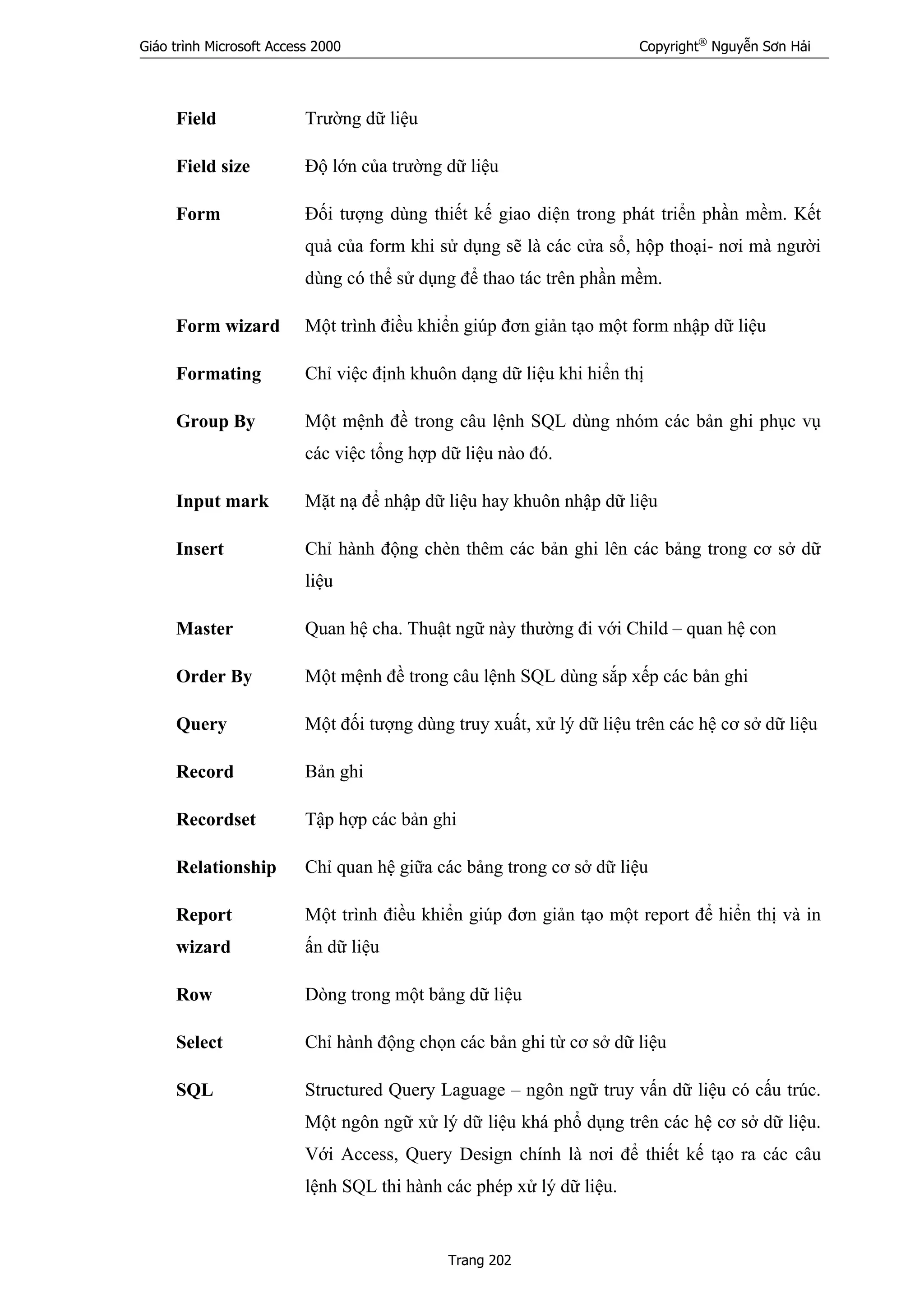 Giáo trình Microsoft Access 2000 Copyright®
Nguyễn Sơn Hải
Trang 202
Field Trường dữ liệu
Field size Độ lớn của trường dữ liệu
Form Đối tượng dùng thiết kế giao diện trong phát triển phần mềm. Kết
quả của form khi sử dụng sẽ là các cửa sổ, hộp thoại- nơi mà người
dùng có thể sử dụng để thao tác trên phần mềm.
Form wizard Một trình điều khiển giúp đơn giản tạo một form nhập dữ liệu
Formating Chỉ việc định khuôn dạng dữ liệu khi hiển thị
Group By Một mệnh đề trong câu lệnh SQL dùng nhóm các bản ghi phục vụ
các việc tổng hợp dữ liệu nào đó.
Input mark Mặt nạ để nhập dữ liệu hay khuôn nhập dữ liệu
Insert Chỉ hành động chèn thêm các bản ghi lên các bảng trong cơ sở dữ
liệu
Master Quan hệ cha. Thuật ngữ này thường đi với Child – quan hệ con
Order By Một mệnh đề trong câu lệnh SQL dùng sắp xếp các bản ghi
Query Một đối tượng dùng truy xuất, xử lý dữ liệu trên các hệ cơ sở dữ liệu
Record Bản ghi
Recordset Tập hợp các bản ghi
Relationship Chỉ quan hệ giữa các bảng trong cơ sở dữ liệu
Report
wizard
Một trình điều khiển giúp đơn giản tạo một report để hiển thị và in
ấn dữ liệu
Row Dòng trong một bảng dữ liệu
Select Chỉ hành động chọn các bản ghi từ cơ sở dữ liệu
SQL Structured Query Laguage – ngôn ngữ truy vấn dữ liệu có cấu trúc.
Một ngôn ngữ xử lý dữ liệu khá phổ dụng trên các hệ cơ sở dữ liệu.
Với Access, Query Design chính là nơi để thiết kế tạo ra các câu
lệnh SQL thi hành các phép xử lý dữ liệu.
 
