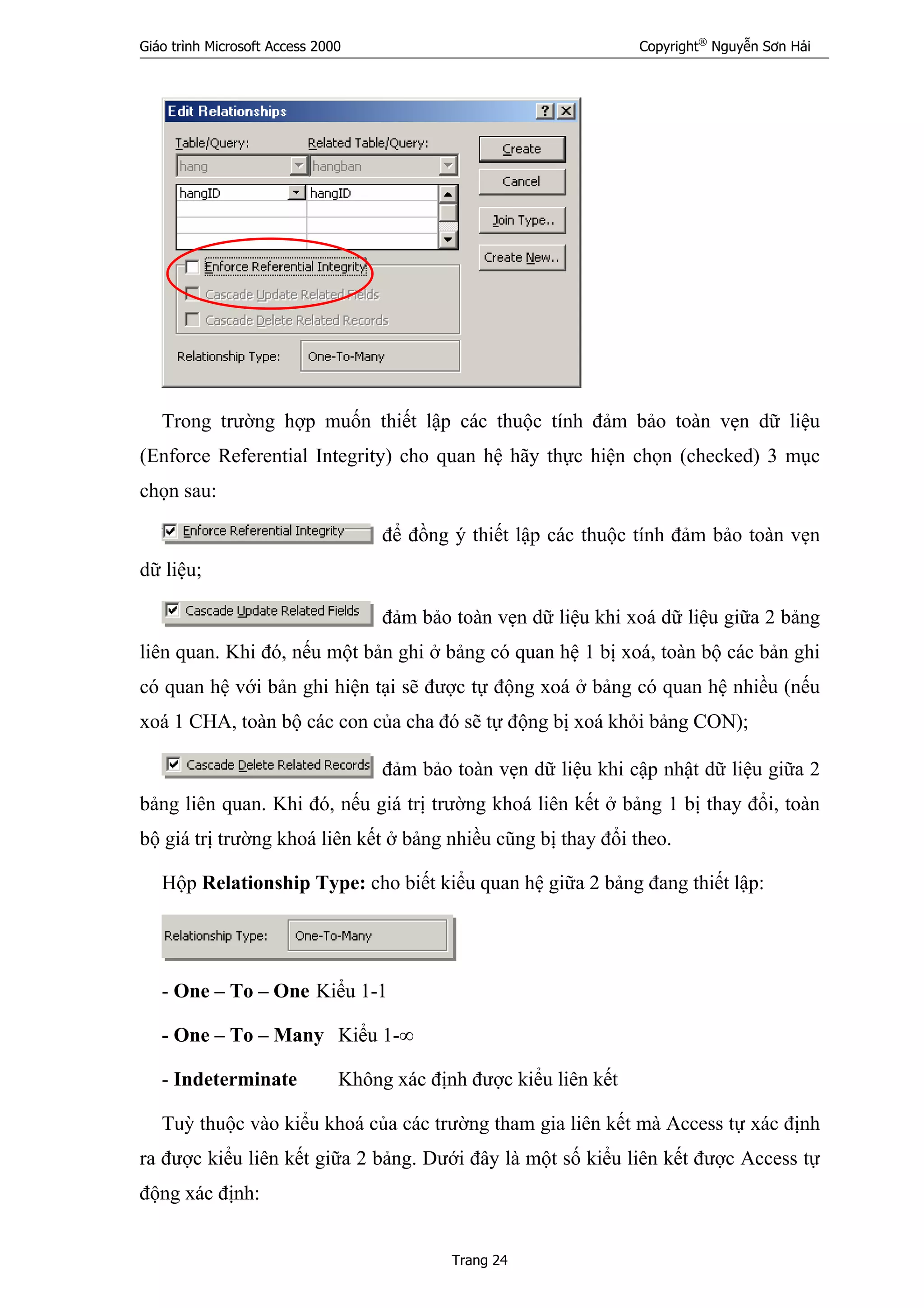 Giáo trình Microsoft Access 2000 Copyright®
Nguyễn Sơn Hải
Trang 24
Trong trường hợp muốn thiết lập các thuộc tính đảm bảo toàn vẹn dữ liệu
(Enforce Referential Integrity) cho quan hệ hãy thực hiện chọn (checked) 3 mục
chọn sau:
để đồng ý thiết lập các thuộc tính đảm bảo toàn vẹn
dữ liệu;
đảm bảo toàn vẹn dữ liệu khi xoá dữ liệu giữa 2 bảng
liên quan. Khi đó, nếu một bản ghi ở bảng có quan hệ 1 bị xoá, toàn bộ các bản ghi
có quan hệ với bản ghi hiện tại sẽ được tự động xoá ở bảng có quan hệ nhiều (nếu
xoá 1 CHA, toàn bộ các con của cha đó sẽ tự động bị xoá khỏi bảng CON);
đảm bảo toàn vẹn dữ liệu khi cập nhật dữ liệu giữa 2
bảng liên quan. Khi đó, nếu giá trị trường khoá liên kết ở bảng 1 bị thay đổi, toàn
bộ giá trị trường khoá liên kết ở bảng nhiều cũng bị thay đổi theo.
Hộp Relationship Type: cho biết kiểu quan hệ giữa 2 bảng đang thiết lập:
- One – To – One Kiểu 1-1
- One – To – Many Kiểu 1-∞
- Indeterminate Không xác định được kiểu liên kết
Tuỳ thuộc vào kiểu khoá của các trường tham gia liên kết mà Access tự xác định
ra được kiểu liên kết giữa 2 bảng. Dưới đây là một số kiểu liên kết được Access tự
động xác định:
 