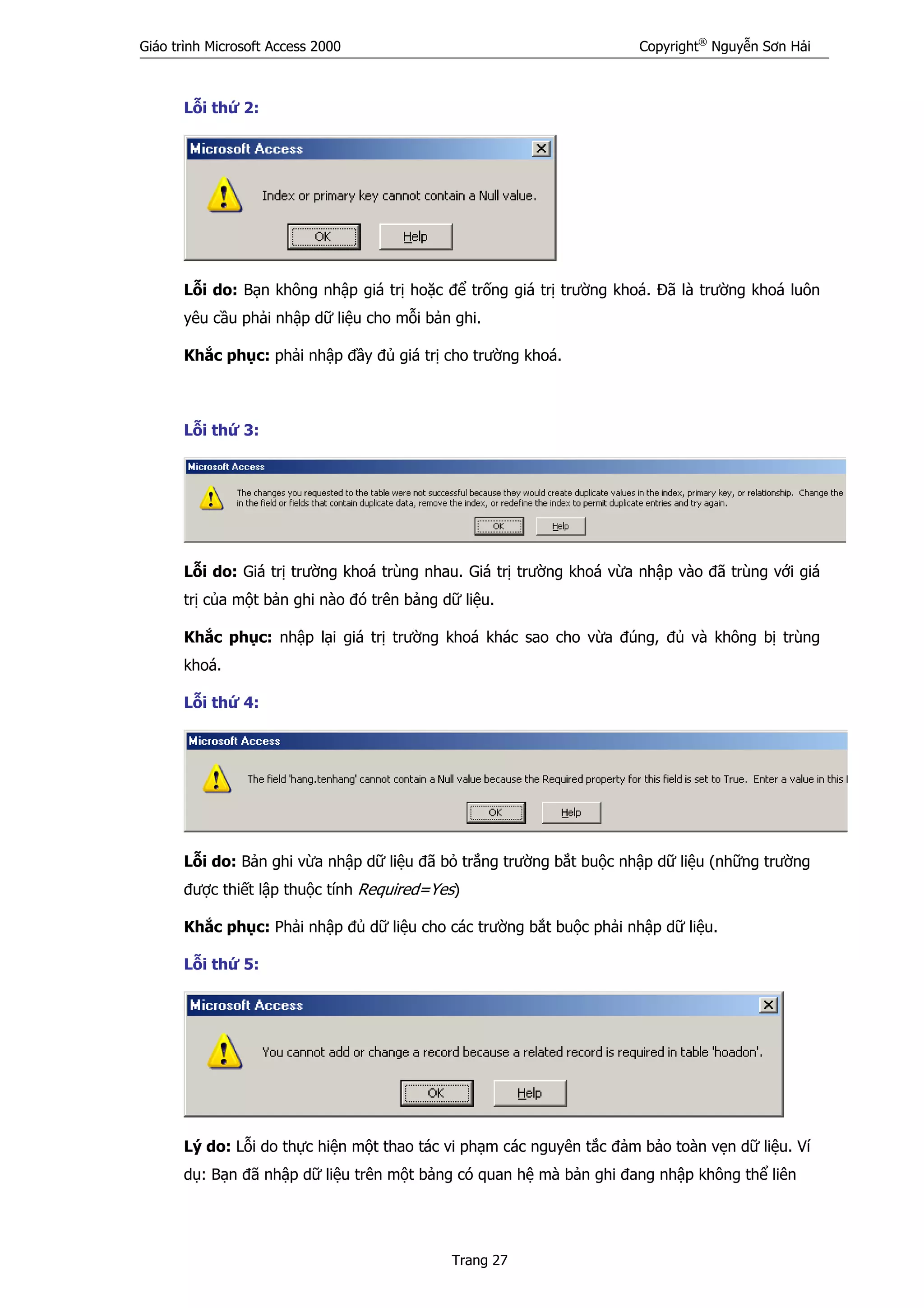 Giáo trình Microsoft Access 2000 Copyright®
Nguyễn Sơn Hải
Trang 27
Lỗi thứ 2:
Lỗi do: Bạn không nhập giá trị hoặc để trống giá trị trường khoá. Đã là trường khoá luôn
yêu cầu phải nhập dữ liệu cho mỗi bản ghi.
Khắc phục: phải nhập đầy đủ giá trị cho trường khoá.
Lỗi thứ 3:
Lỗi do: Giá trị trường khoá trùng nhau. Giá trị trường khoá vừa nhập vào đã trùng với giá
trị của một bản ghi nào đó trên bảng dữ liệu.
Khắc phục: nhập lại giá trị trường khoá khác sao cho vừa đúng, đủ và không bị trùng
khoá.
Lỗi thứ 4:
Lỗi do: Bản ghi vừa nhập dữ liệu đã bỏ trắng trường bắt buộc nhập dữ liệu (những trường
được thiết lập thuộc tính Required=Yes)
Khắc phục: Phải nhập đủ dữ liệu cho các trường bắt buộc phải nhập dữ liệu.
Lỗi thứ 5:
Lý do: Lỗi do thực hiện một thao tác vi phạm các nguyên tắc đảm bảo toàn vẹn dữ liệu. Ví
dụ: Bạn đã nhập dữ liệu trên một bảng có quan hệ mà bản ghi đang nhập không thể liên
 