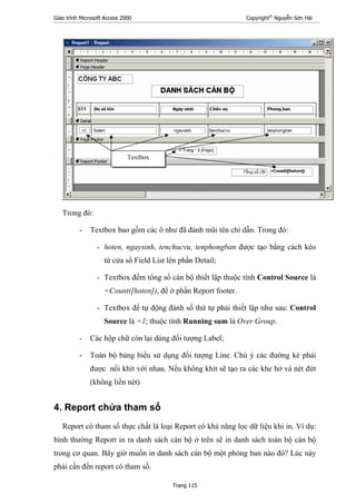 Giáo trình Microsoft Access 2000 Copyright®
Nguyễn Sơn Hải
Trang 115
Trong đó:
- Textbox bao gồm các ô như đã đánh mũi tên chỉ dẫn. Trong đó:
- hoten, ngaysinh, tenchucvu, tenphongban được tạo bằng cách kéo
từ cửa sổ Field List lên phần Detail;
- Textbox đếm tổng số cán bộ thiết lập thuộc tính Control Source là
=Count([hoten]), để ở phần Report footer.
- Textbox để tự động đánh số thứ tự phải thiết lập như sau: Control
Source là =1; thuộc tính Running sum là Over Group.
- Các hộp chữ còn lại dùng đối tượng Label;
- Toàn bộ bảng biểu sử dụng đối tượng Line. Chú ý các đường kẻ phải
được nối khít với nhau. Nếu không khít sẽ tạo ra các khe hở và nét đứt
(không liền nét)
4. Report chứa tham số
Report có tham số thực chất là loại Report có khả năng lọc dữ liệu khi in. Ví dụ:
bình thường Report in ra danh sách cán bộ ở trên sẽ in danh sách toàn bộ cán bộ
trong cơ quan. Bây giờ muốn in danh sách cán bộ một phòng ban nào đó? Lúc này
phải cần đến report có tham số.
Textbox
 