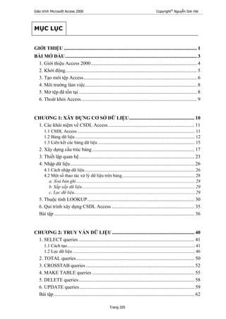 Giáo trình Microsoft Access 2000 Copyright®
Nguyễn Sơn Hải
Trang 205
MỤC LỤC
GIỚI THIỆU ............................................................................................................ 1
BÀI MỞ ĐẦU........................................................................................................... 3
1. Giới thiệu Access 2000...................................................................................... 4
2. Khởi động........................................................................................................... 5
3. Tạo mới tệp Access............................................................................................ 6
4. Môi trường làm việc........................................................................................... 8
5. Mở tệp đã tồn tại ................................................................................................ 8
6. Thoát khỏi Access.............................................................................................. 9
CHƯƠNG 1: XÂY DỰNG CƠ SỞ DỮ LIỆU..................................................... 10
1. Các khái niệm về CSDL Access...................................................................... 11
1.1 CSDL Access ....................................................................................................... 11
1.2 Bảng dữ liệu ......................................................................................................... 12
1.3 Liên kết các bảng dữ liệu ..................................................................................... 15
2. Xây dựng cấu trúc bảng ................................................................................... 17
3. Thiết lập quan hệ.............................................................................................. 23
4. Nhập dữ liệu..................................................................................................... 26
4.1 Cách nhập dữ liệu................................................................................................. 26
4.2 Một số thao tác xử lý dữ liệu trên bảng................................................................ 28
a. Xoá bản ghi........................................................................................................ 28
b. Sắp xếp dữ liệu................................................................................................... 29
c. Lọc dữ liệu.......................................................................................................... 29
5. Thuộc tính LOOKUP....................................................................................... 30
6. Qui trình xây dựng CSDL Access ................................................................... 35
Bài tập .................................................................................................................. 36
CHƯƠNG 2: TRUY VẤN DỮ LIỆU................................................................... 40
1. SELECT queries .............................................................................................. 41
1.1 Cách tạo................................................................................................................ 41
1.2 Lọc dữ liệu ........................................................................................................... 46
2. TOTAL queries................................................................................................ 50
3. CROSSTAB queries ........................................................................................ 52
4. MAKE TABLE queries ................................................................................... 55
5. DELETE queries.............................................................................................. 58
6. UPDATE queries ............................................................................................. 59
Bài tập .................................................................................................................. 62
 
