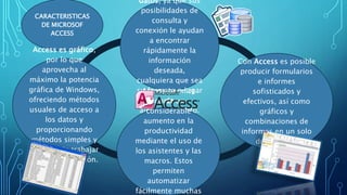 CARACTERISTICAS
DE MICROSOF
ACCESS
datos, ya que sus
posibilidades de
consulta y
conexión le ayudan
a encontrar
rápidamente la
información
deseada,
cualquiera que sea
su formato o lugar
de
almacenamiento.
Con Access es posible
producir formularios
e informes
sofisticados y
efectivos, así como
gráficos y
combinaciones de
informes en un solo
documento.
Access permite
lograr un
considerable
aumento en la
productividad
mediante el uso de
los asistentes y las
macros. Estos
permiten
automatizar
fácilmente muchas
Access es gráfico,
por lo que
aprovecha al
máximo la potencia
gráfica de Windows,
ofreciendo métodos
usuales de acceso a
los datos y
proporcionando
métodos simples y
directos de trabajar
con la información.
 