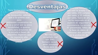 Tiene limitaciones en el
procesamiento de
las búsquedas, además
que si la quieres usar
para
ambientes corporativo no
te va a servir por su poca
estabilidad, si quieres
usarla para proyectos de
la escuela o bases de
pequeños negocios que
no requieren alta
disponibilidad, la puedes
utilizar.
La principal limitante es
que solo te acepta 1 GB
por tabla, 256 campos
por tabla, y 35 indices
por tabla, fuera de ahi,
no ha mejorado en el
aspecto de seguridad y
consistencia. La versión
97 presentaba fallos de
la base de datos al
colisionar dos usuarios
en la grabación de
registros.
No crea un
compilado real
(un .EXE).
Siempre necesita
tener instalado
Acces para su
funcionamiento.
 