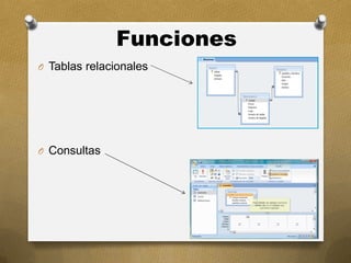 Funciones
O Tablas relacionales
O Consultas
 
