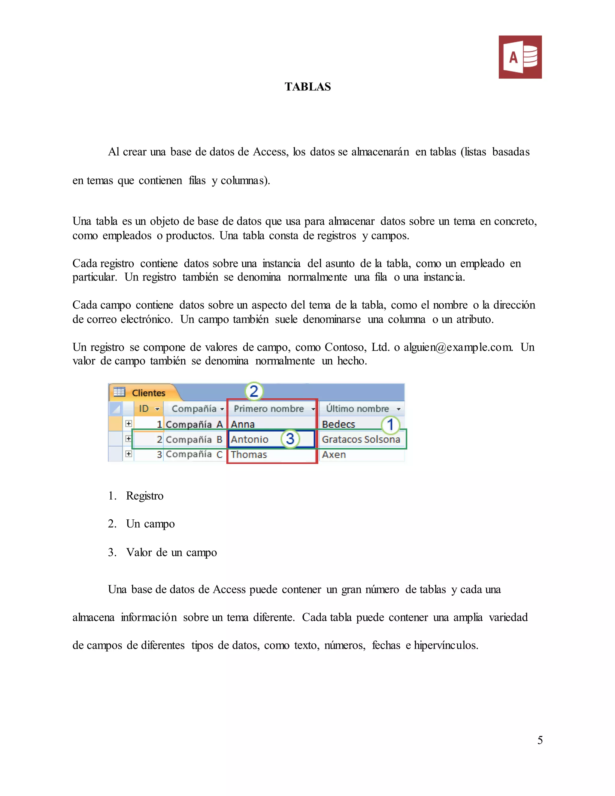 5
TABLAS
Al crear una base de datos de Access, los datos se almacenarán en tablas (listas basadas
en temas que contienen filas y columnas).
Una tabla es un objeto de base de datos que usa para almacenar datos sobre un tema en concreto,
como empleados o productos. Una tabla consta de registros y campos.
Cada registro contiene datos sobre una instancia del asunto de la tabla, como un empleado en
particular. Un registro también se denomina normalmente una fila o una instancia.
Cada campo contiene datos sobre un aspecto del tema de la tabla, como el nombre o la dirección
de correo electrónico. Un campo también suele denominarse una columna o un atributo.
Un registro se compone de valores de campo, como Contoso, Ltd. o alguien@example.com. Un
valor de campo también se denomina normalmente un hecho.
1. Registro
2. Un campo
3. Valor de un campo
Una base de datos de Access puede contener un gran número de tablas y cada una
almacena información sobre un tema diferente. Cada tabla puede contener una amplia variedad
de campos de diferentes tipos de datos, como texto, números, fechas e hipervínculos.
 