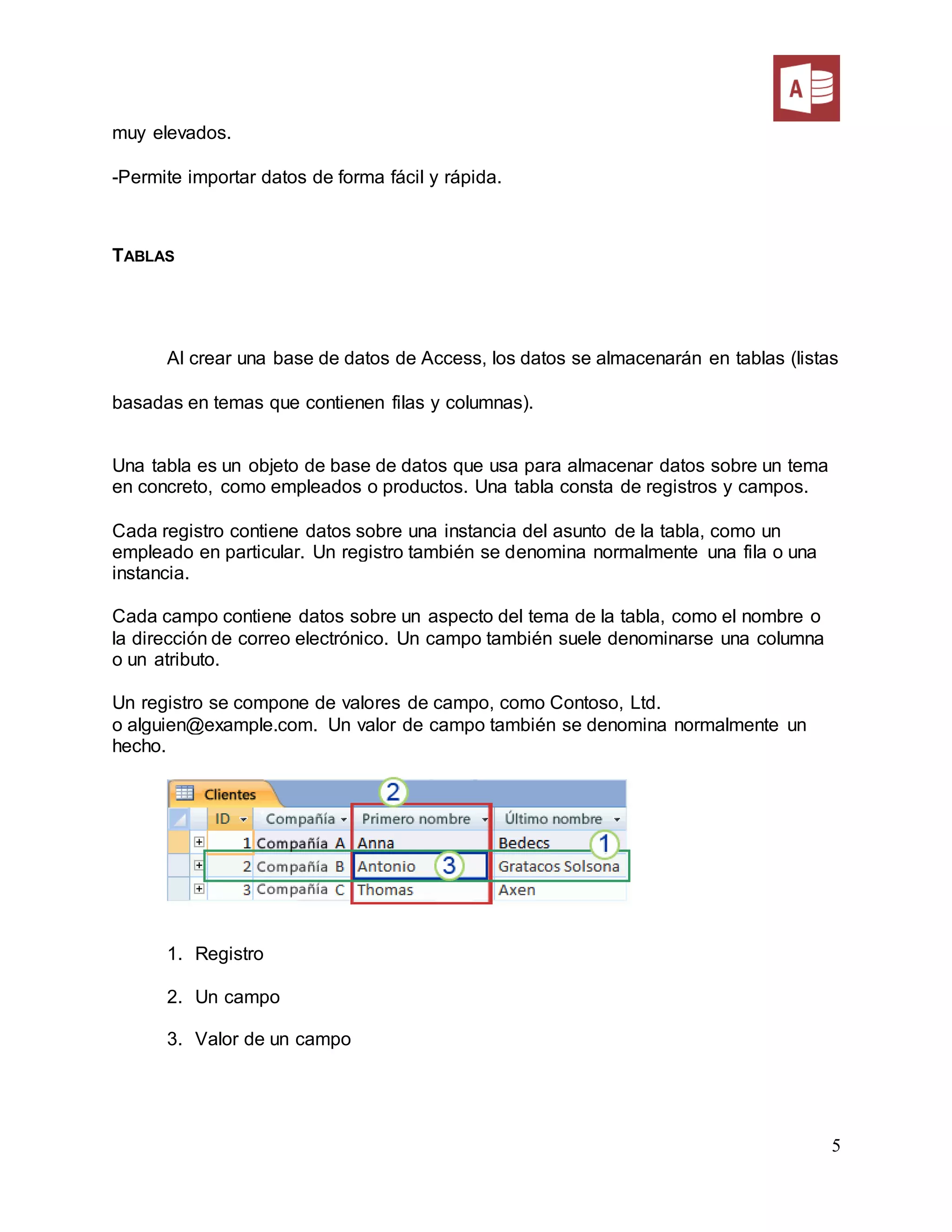 5
muy elevados.
-Permite importar datos de forma fácil y rápida.
TABLAS
Al crear una base de datos de Access, los datos se almacenarán en tablas (listas
basadas en temas que contienen filas y columnas).
Una tabla es un objeto de base de datos que usa para almacenar datos sobre un tema
en concreto, como empleados o productos. Una tabla consta de registros y campos.
Cada registro contiene datos sobre una instancia del asunto de la tabla, como un
empleado en particular. Un registro también se denomina normalmente una fila o una
instancia.
Cada campo contiene datos sobre un aspecto del tema de la tabla, como el nombre o
la dirección de correo electrónico. Un campo también suele denominarse una columna
o un atributo.
Un registro se compone de valores de campo, como Contoso, Ltd.
o alguien@example.com. Un valor de campo también se denomina normalmente un
hecho.
1. Registro
2. Un campo
3. Valor de un campo
 