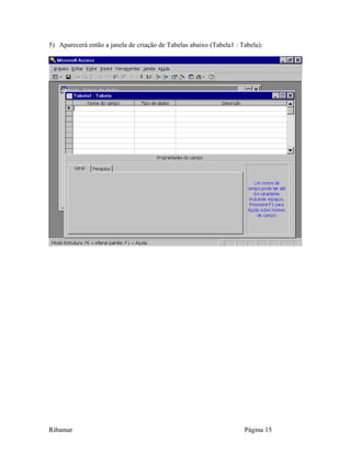 5) Aparecerá então a janela de criação de Tabelas abaixo (Tabela1 : Tabela):
Ribamar Página 15
 