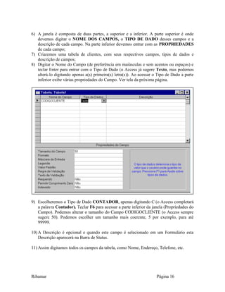 6) A janela é composta de duas partes, a superior e a inferior. A parte superior é onde
devemos digitar o NOME DOS CAMPOS, o TIPO DE DADO desses campos e a
descrição de cada campo. Na parte inferior devemos entrar com as PROPRIEDADES
de cada campo;
7) Criaremos uma tabela de clientes, com seus respectivos campos, tipos de dados e
descrição de campos;
8) Digitar o Nome do Campo (de preferência em maiúsculas e sem acentos ou espaços) e
teclar Enter para entrar com o Tipo de Dado (o Access já sugere Texto, mas podemos
alterá-lo digitando apenas a(s) primeira(s) letra(s)). Ao acessar o Tipo de Dado a parte
inferior exibe várias propriedades do Campo. Ver tela da próxima página.
9) Escolheremos o Tipo de Dado CONTADOR, apenas digitando C (o Access completará
a palavra Contador). Teclar F6 para acessar a parte inferior da janela (Propriedades do
Campo). Podemos alterar o tamanho do Campo CODIGOCLIENTE (o Access sempre
sugere 50). Podemos escolher um tamanho mais coerente, 5 por exemplo, para até
99999.
10) A Descrição é opcional e quando este campo é selecionado em um Formulário esta
Descrição aparecerá na Barra de Status.
11) Assim digitamos todos os campos da tabela, como Nome, Endereço, Telefone, etc.
Ribamar Página 16
 
