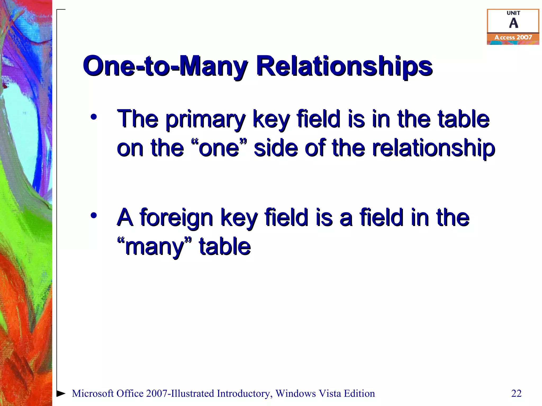 One-to-Many Relationships The primary key field is in the table on the “one” side of the relationship A foreign key field is a field in the “many” table Microsoft Office 2007-Illustrated Introductory, Windows Vista Edition 
