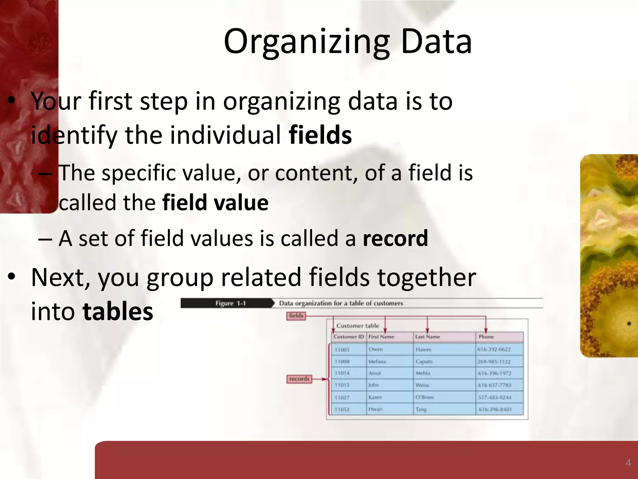 4
Organizing Data
• Your first step in organizing data is to
identify the individual fields
– The specific value, or content, of a field is
called the field value
– A set of field values is called a record
• Next, you group related fields together
into tables
 