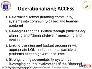 Operationalizing ACCESs
1. Re-creating school (learning community)
systems into community-based and learner-
centered
2. Re-engineering the system through participatory
planning and “demand-driven” monitoring and
evaluation
3. Linking planning and budget processes with
appropriate LGU and other local participation
platforms at each governance level
4. Strengthening accountability system by
leveraging on the involvement of the “demand-
ACCESs: A Community- and Child (Learner)-Centered Education System
 