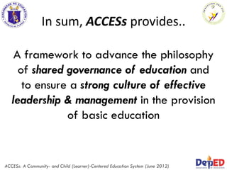 In sum, ACCESs provides..
A framework to advance the philosophy
of shared governance of education and
to ensure a strong culture of effective
leadership & management in the provision
of basic education
ACCESs: A Community- and Child (Learner)-Centered Education System (June 2012)
 