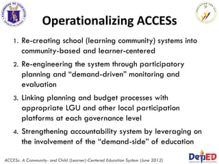Operationalizing ACCESs
1. Re-creating school (learning community) systems into
community-based and learner-centered
2. Re-engineering the system through participatory
planning and “demand-driven” monitoring and
evaluation
3. Linking planning and budget processes with
appropriate LGU and other local participation
platforms at each governance level
4. Strengthening accountability system by leveraging on
the involvement of the “demand-side” of education
ACCESs: A Community- and Child (Learner)-Centered Education System (June 2012)
 