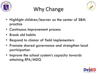 Why Change
• Highlight children/learner as the center of SBM
practice
• Continuous improvement process
• Break old habits
• Respond to clamor of field implementers
• Promote shared governance and strengthen local
participation
• Improve the school system’s capacity towards
attaining EFA/MDG
 