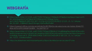 WEBGRAFÍA
 https://search?rlz=1C1CHZL_esEC737EC737&biw=1920&bih=974&tbm=isch&sa=1&ei=wiVh
Wv_bGs3zzgLNmYCoCQ&q=ACCES&oq=ACCES&gs_l=psy-
ab.3..0i67k1l6j0j0i67k1j0l2.3767.4311.0.5106.5.5.0.0.0.0.318.532.2-1j1.2.0....0...1c.1.64.psy-
ab..3.2.529....0.B8W67c3pu2Y#imgrc=EAPwZBLZFivllM:
 https://support.office.com/es-es/article/Gu%C3%ADa-de-relaciones-de-tablas-30446197-
4fbe-457b-b992-2f6fb812b58f#__toc269752114
 https://search?rlz=1C1CHZL_esEC737EC737&ei=DTBhWuV1htyzBfzklsgF&q=QUE+SON+LAS+
restricciones+en+los+campo+access&oq=QUE+SON+LAS+restricciones+en+los+campo+a
ccess&gs_l=psy-ab.3...2924.4206.0.4426.12.8.0.0.0.0.423.639.2-1j0j1.2.0....0...1c.1.64.psy-
ab..12.0.0....0.r6dkumz5ks4
 https://es.slideshare.net/mayrasetquetco/tipos-de-relacion-en-access-07-criss
 