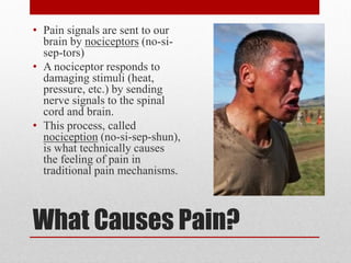 What Causes Pain?
• Pain signals are sent to our
brain by nociceptors (no-si-
sep-tors)
• A nociceptor responds to
damaging stimuli (heat,
pressure, etc.) by sending
nerve signals to the spinal
cord and brain.
• This process, called
nociception (no-si-sep-shun),
is what technically causes
the feeling of pain in
traditional pain mechanisms.
 