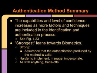 ● The capabilities and level of confidence
increases as more factors and techniques
are included in the identification and
authentication process.
○ See Fig. 1.23
● "Strongest" leans towards Biometrics.
○ Strong:
■ Assurance that the authentication produced by
the method is valid.
○ Harder to implement, manage, impersonate.
○ As with anything, trade-offs.
Authentication Method Summary
 