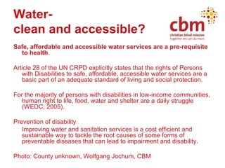 Water-  clean and accessible?   <ul><li>Safe, affordable and accessible water services are a pre-requisite to health . </l...