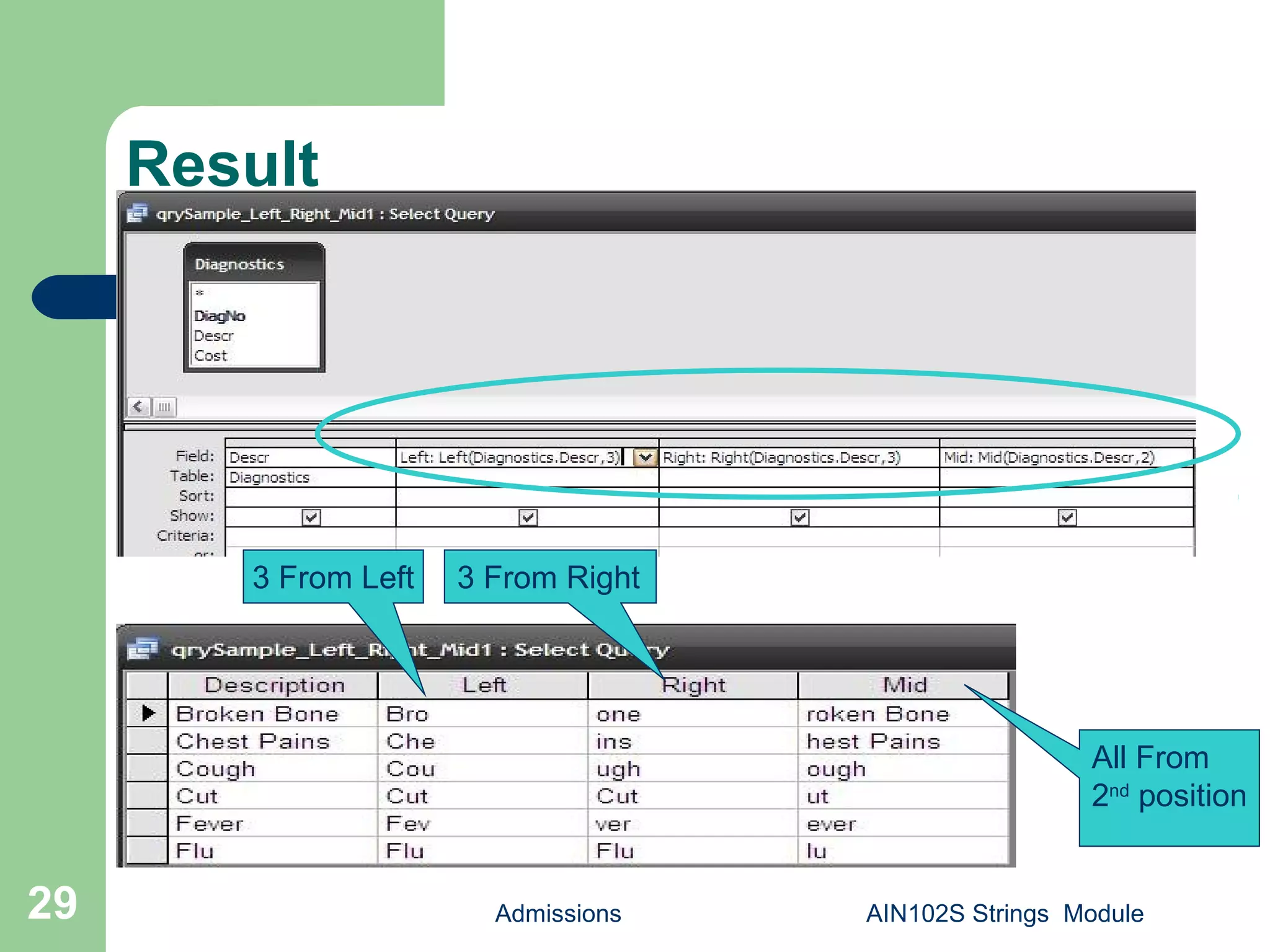 Result
Admissions AIN102S Strings Module29
3 From Left 3 From Right
All From
2nd
position
 