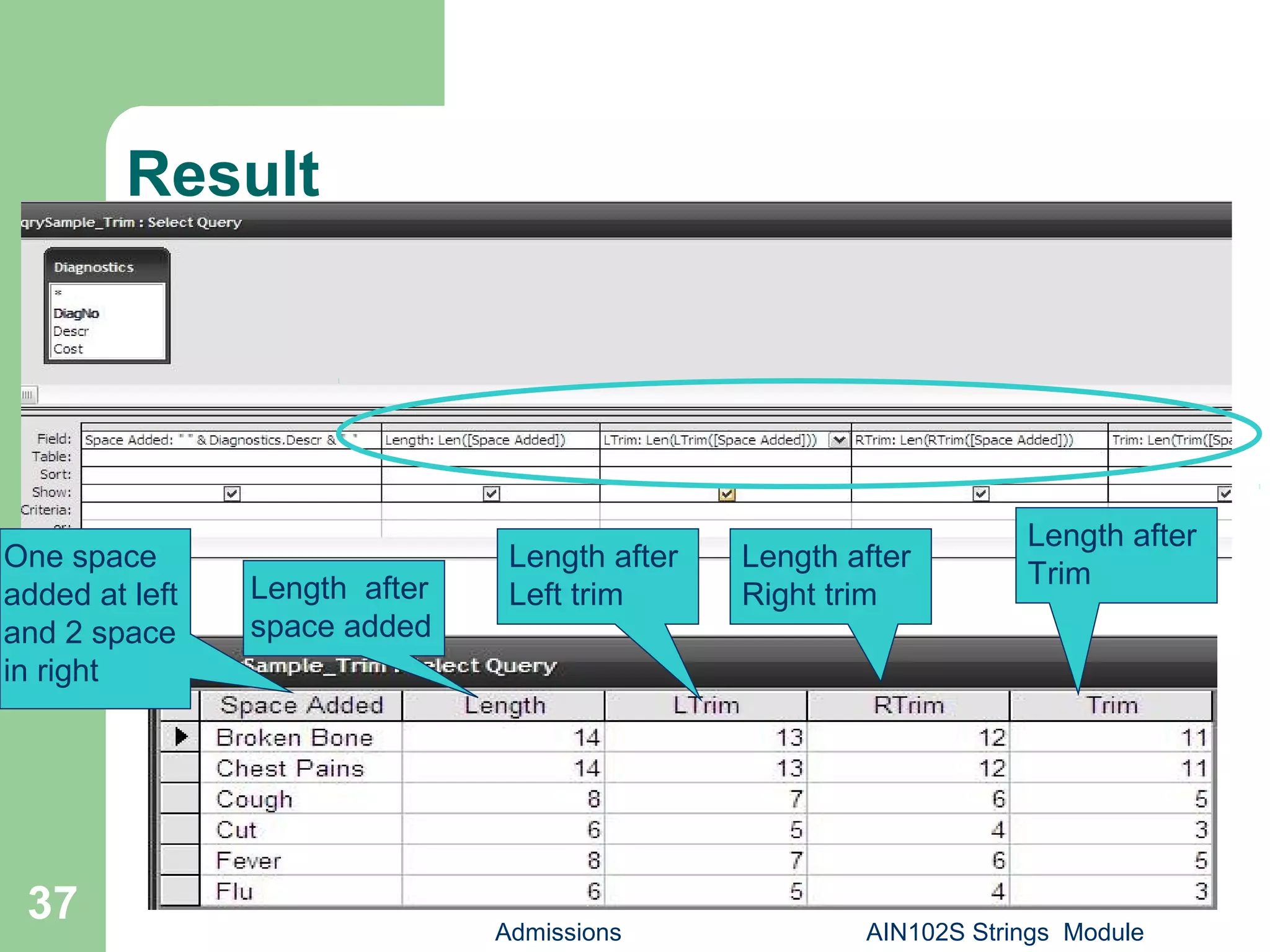 Result
Admissions AIN102S Strings Module
37
One space
added at left
and 2 space
in right
Length after
space added
Length after
Left trim
Length after
Right trim
Length after
Trim
 
