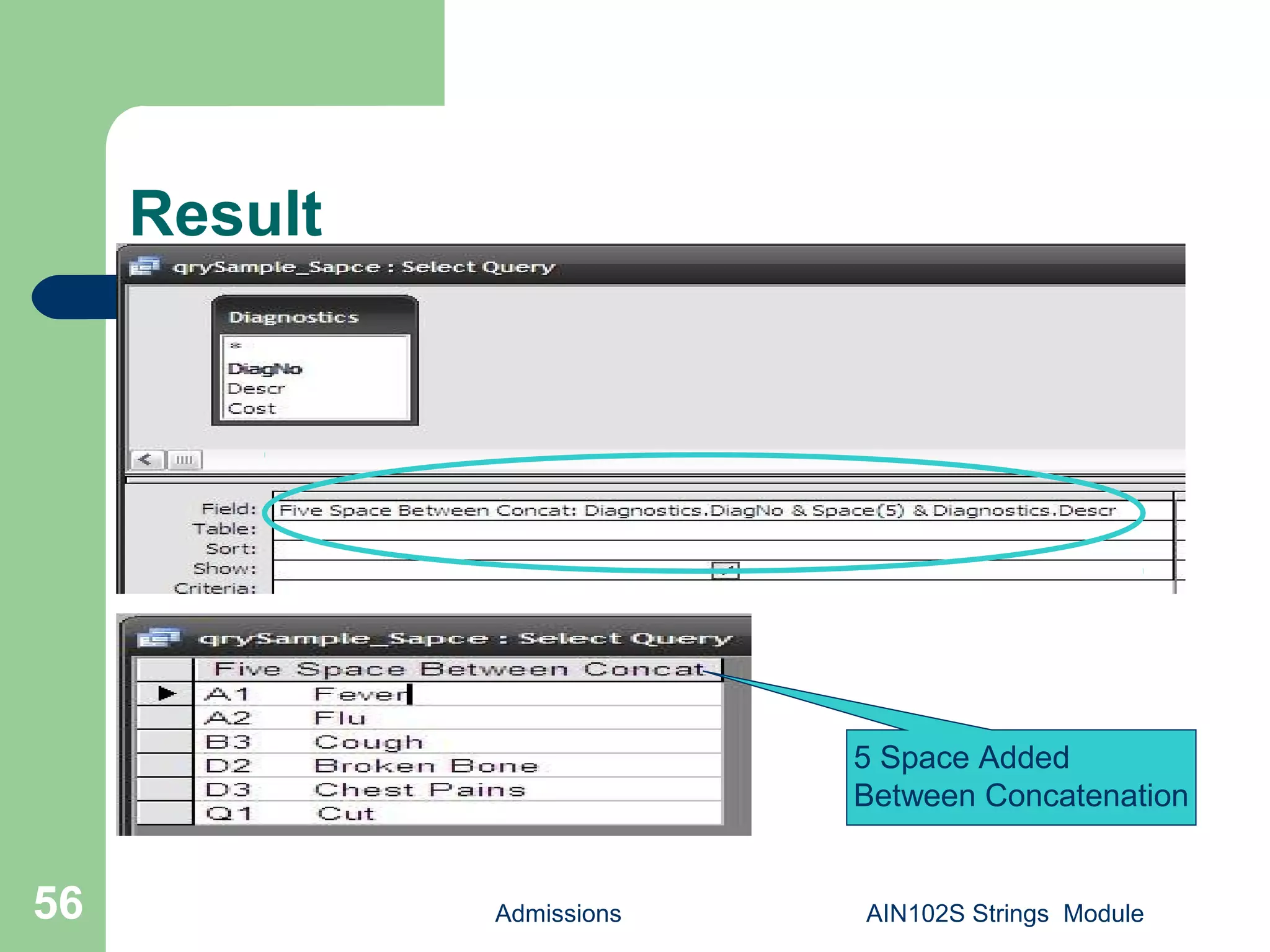 Result
Admissions AIN102S Strings Module56
5 Space Added
Between Concatenation
 