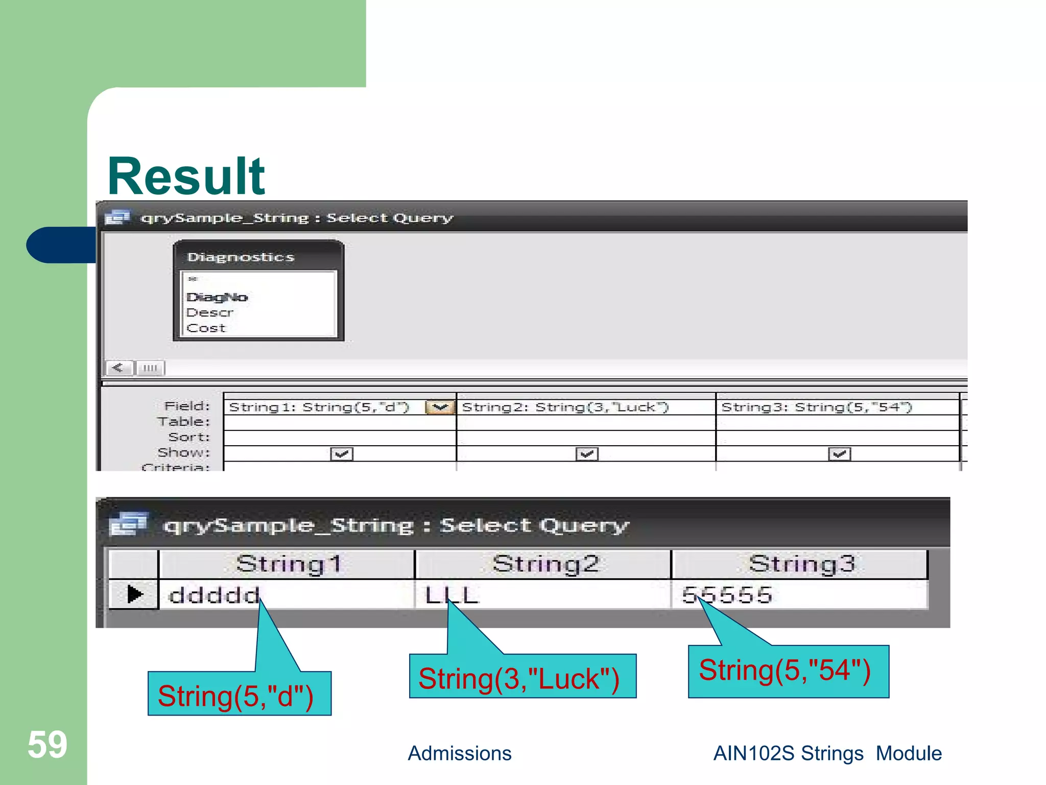 Result
Admissions AIN102S Strings Module59
String(5,"d")
String(3,"Luck") String(5,"54")
 
