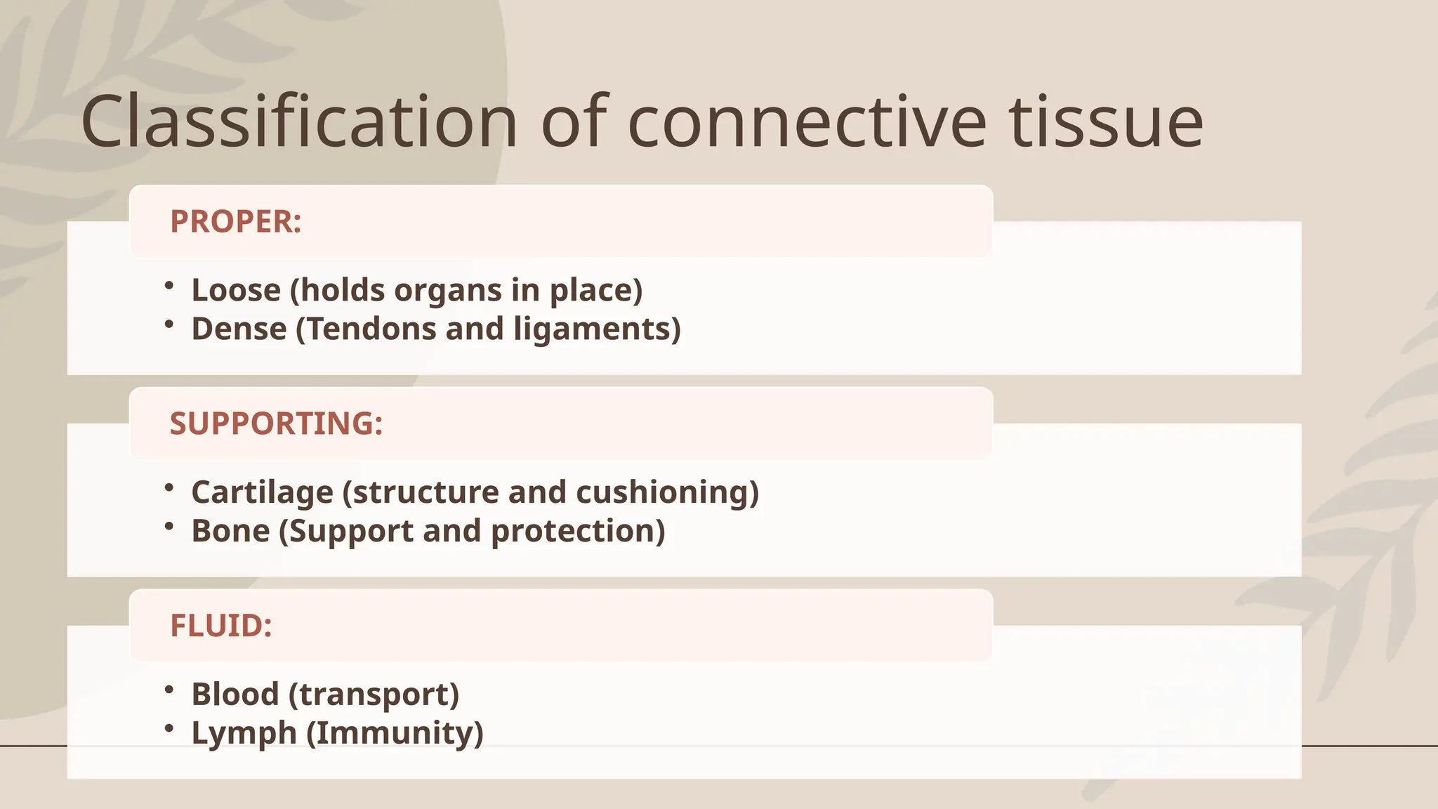 Classification of connective tissue
• Loose (holds organs in place)
• Dense (Tendons and ligaments)
PROPER:
• Cartilage (structure and cushioning)
• Bone (Support and protection)
SUPPORTING:
• Blood (transport)
• Lymph (Immunity)
FLUID:
 