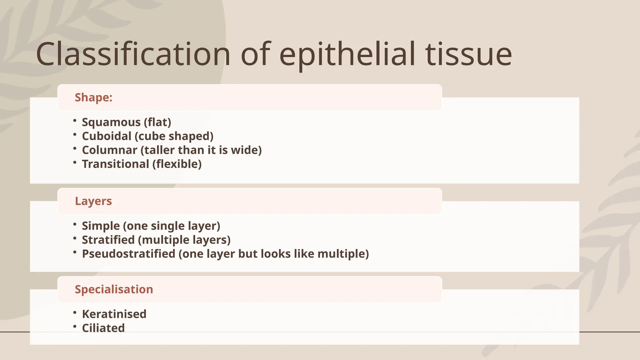 Classification of epithelial tissue
• Squamous (flat)
• Cuboidal (cube shaped)
• Columnar (taller than it is wide)
• Transitional (flexible)
Shape:
• Simple (one single layer)
• Stratified (multiple layers)
• Pseudostratified (one layer but looks like multiple)
Layers:
• Keratinised
• Ciliated
Specialisation:
 