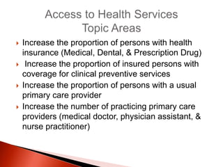  Increase the proportion of persons with health
insurance (Medical, Dental, & Prescription Drug)
 Increase the proportion of insured persons with
coverage for clinical preventive services
 Increase the proportion of persons with a usual
primary care provider
 Increase the number of practicing primary care
providers (medical doctor, physician assistant, &
nurse practitioner)
 